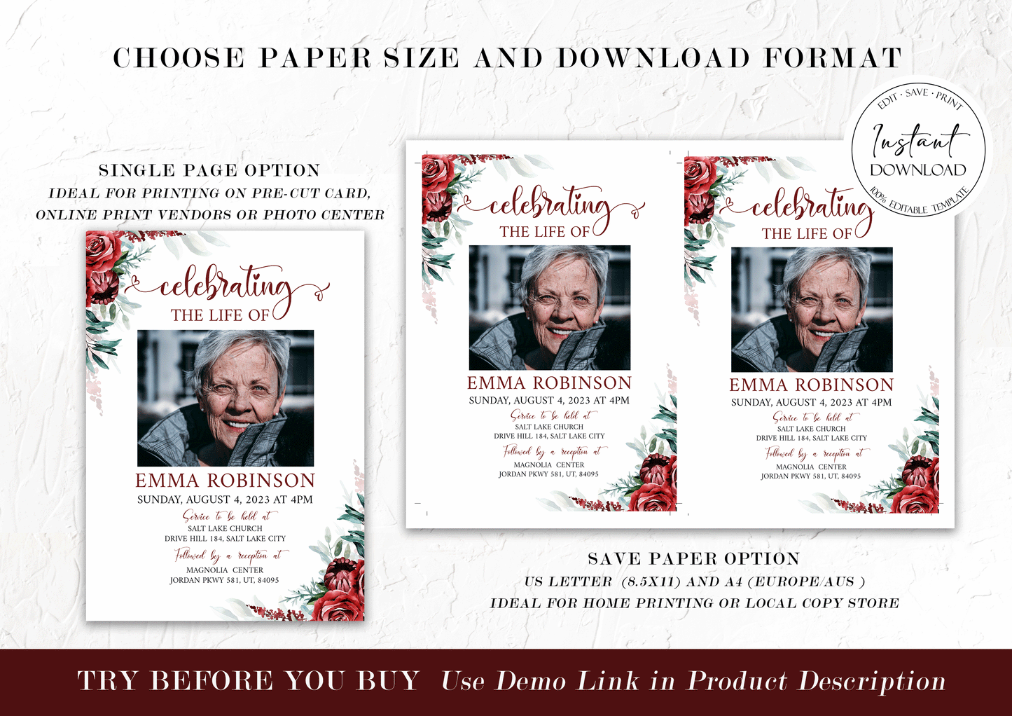 Celebration of life Burgundy Red Roses Funeral Invitation Template R2