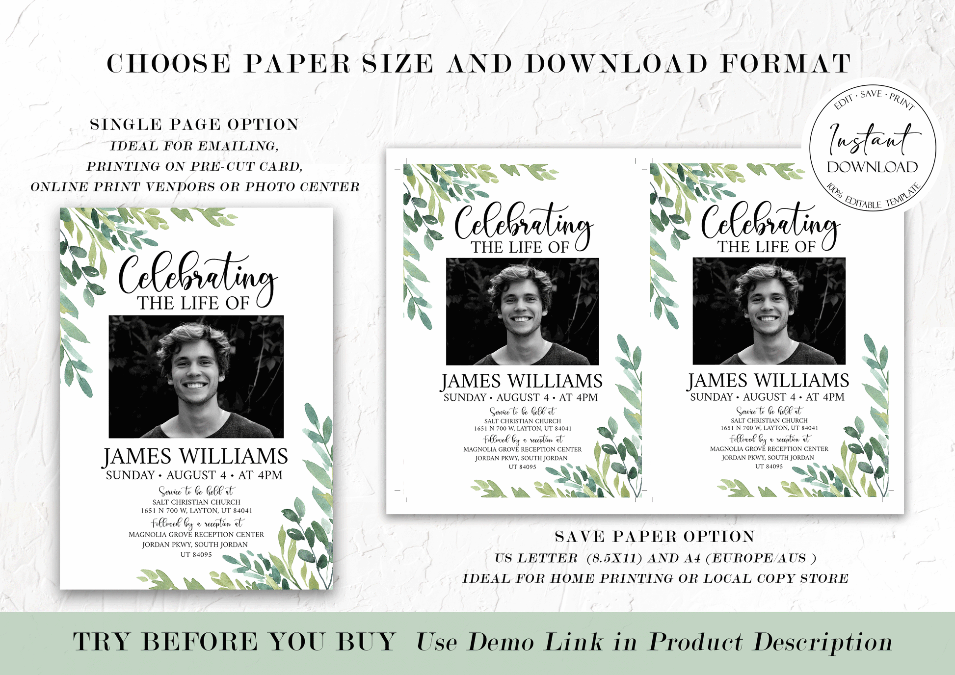 Celebration of Life Watercolor Greenery Funeral Bundle, Memorial Package, Celebration of Life Templates, In Loving Memory Suite Greenery Funeral Bundle Greenery Funeral G2