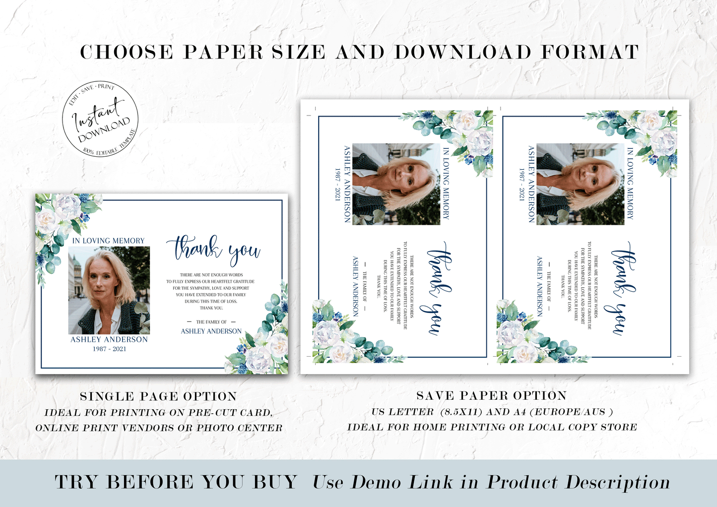 Celebration of life Blue White Floral Funeral Photo Thank You Card Template, Blue White Floral Funeral Thank You, Printable Memorial Thank You Cards, Sympathy Cards B1