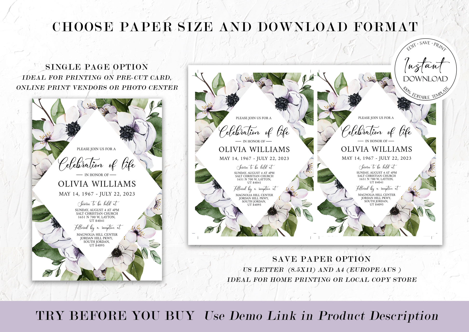 Celebration of life Purple Floral Greenery Funeral Invitation Template, Greenery Funeral Announcement, Funeral Card Template, Printable Memorial Service Invitation