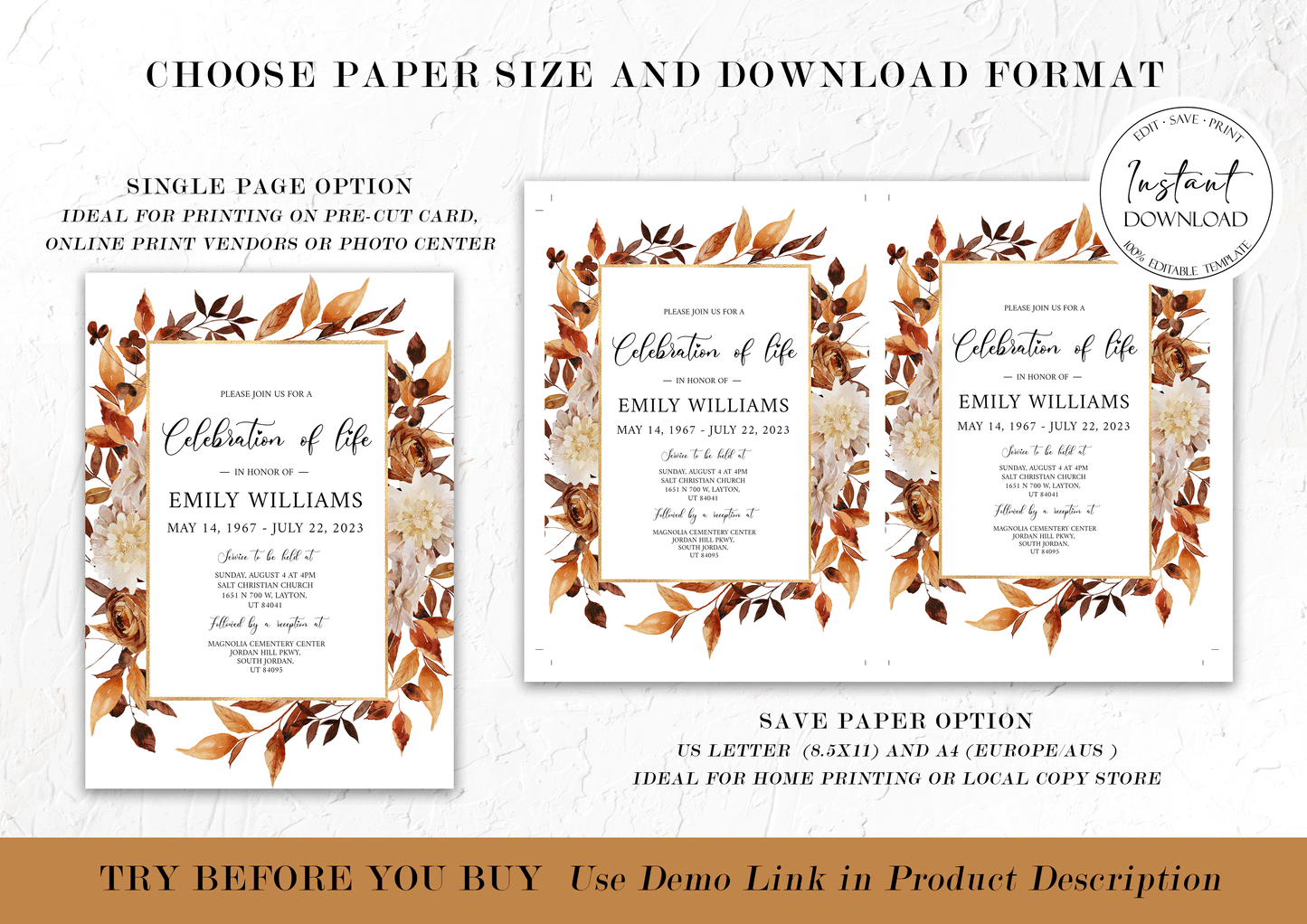 Celebration of life Orange Brown Dried Leaves Fall Funeral Invitation Template P4