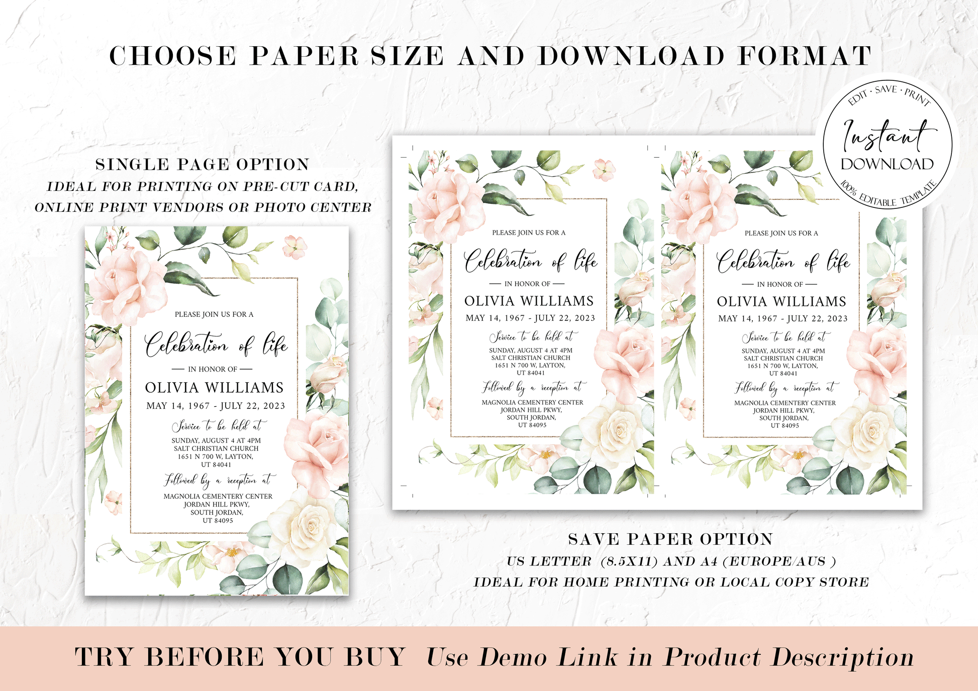 Celebration of life Invitation, Blush Pink Roses Funeral Invitation, Funeral Announcement Funeral Card Template Printable Memorial Invite P4