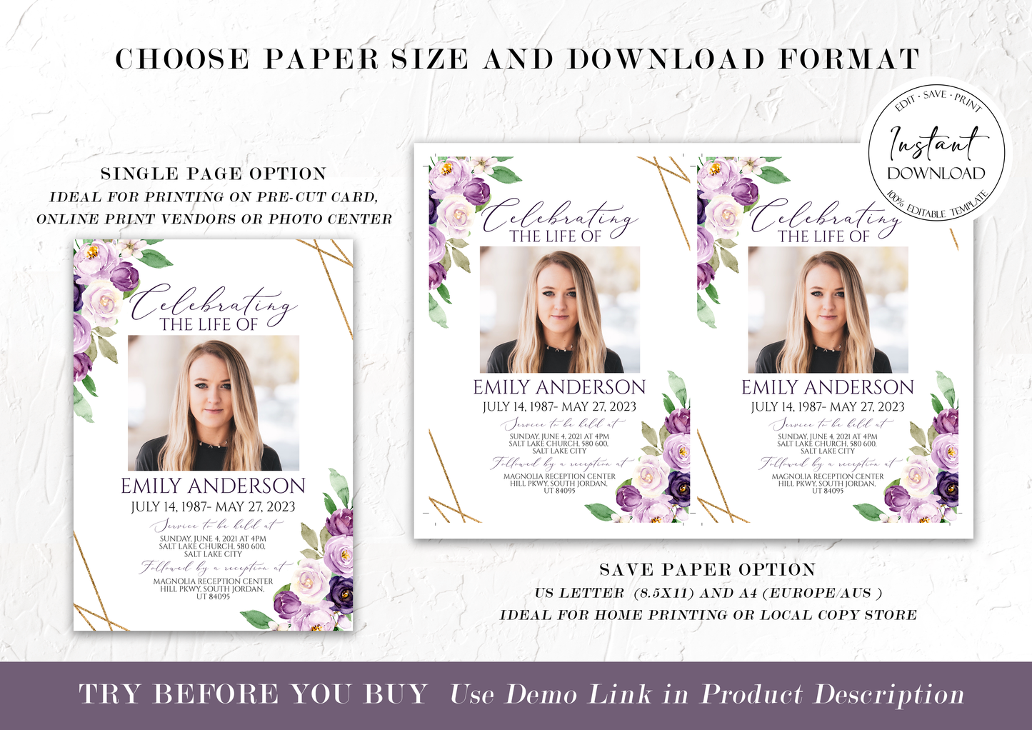 Editable Funeral Bundle, Memorial Package, Celebration of Life Package, In Loving Memory Suite, Funeral Templates Bundle, Purple Funeral Set P1