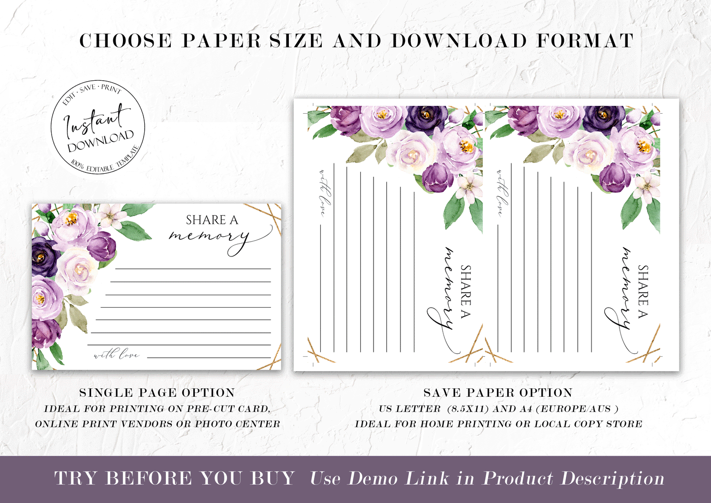 Share a Memory Funeral Sign, Share a Memory Card, Purple Funeral Memory Card, Editable Funeral share a memory template, Funeral Template P1