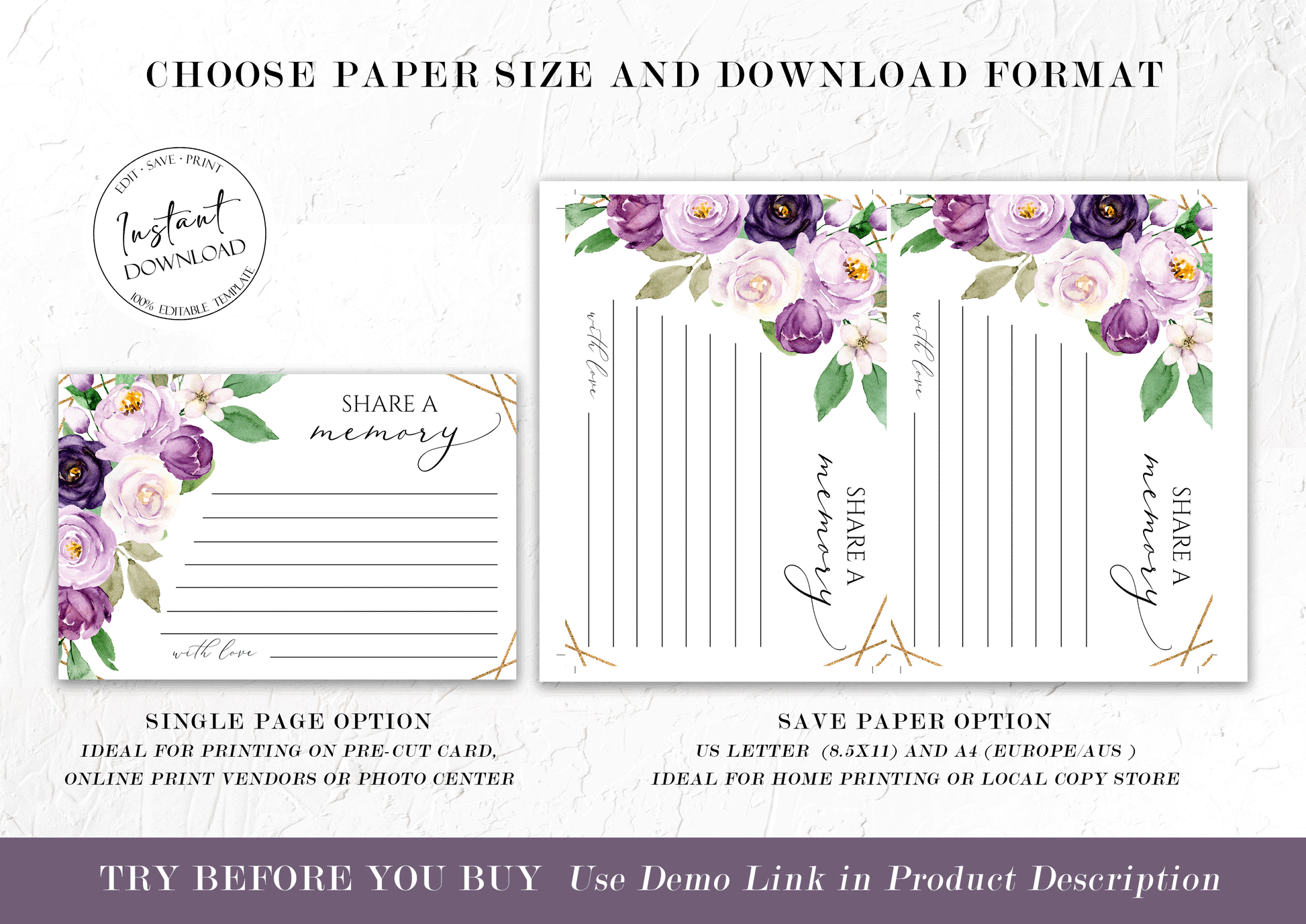 Share a Memory Funeral Sign, Share a Memory Card, Purple Funeral Memory Card, Editable Funeral share a memory template, Funeral Template P1