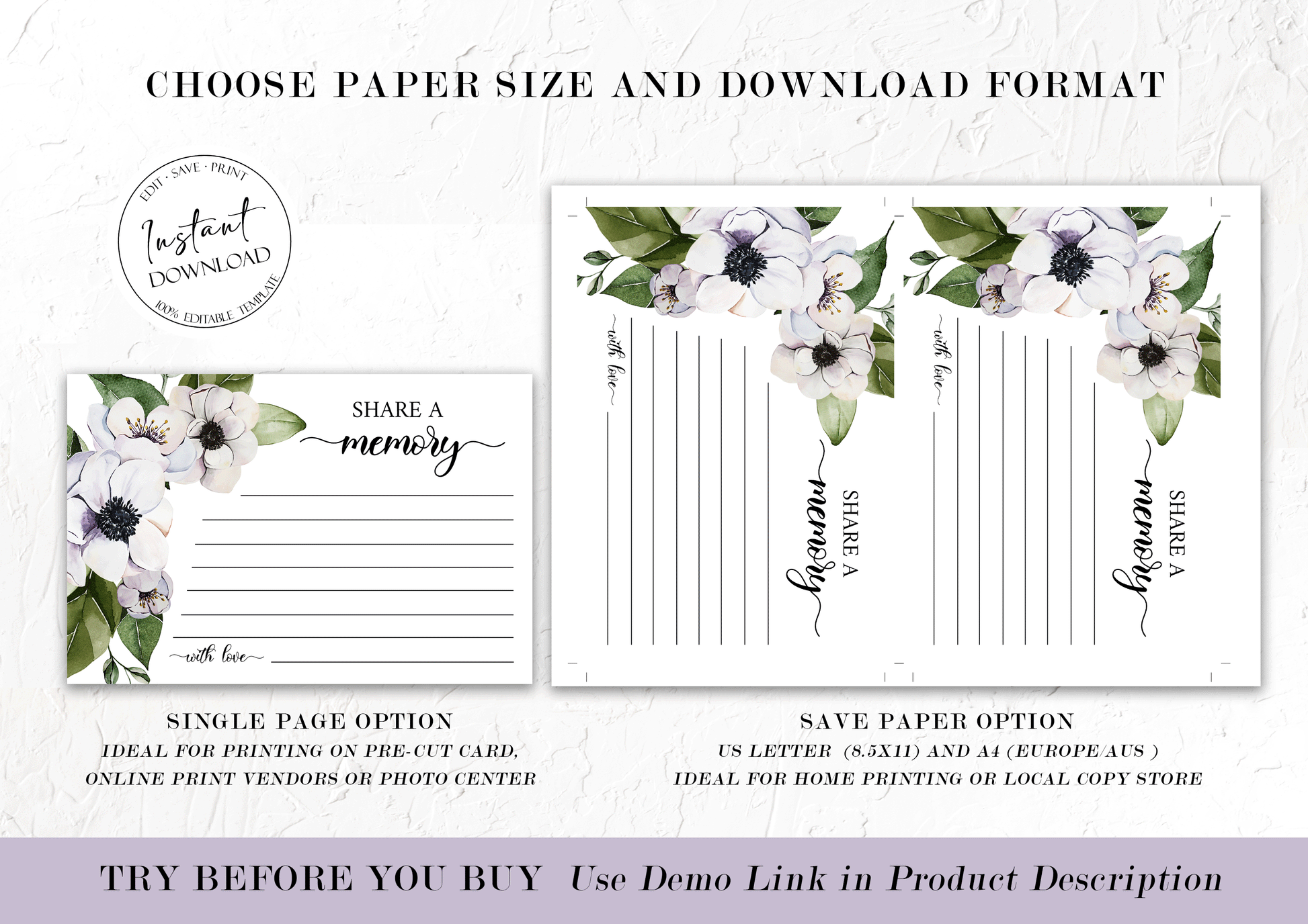 Celebration of life Purple Floral Greenery Share a Memory Funeral Sign and Share a Memory Card Template, Purple Floral Funeral Memory Card P3