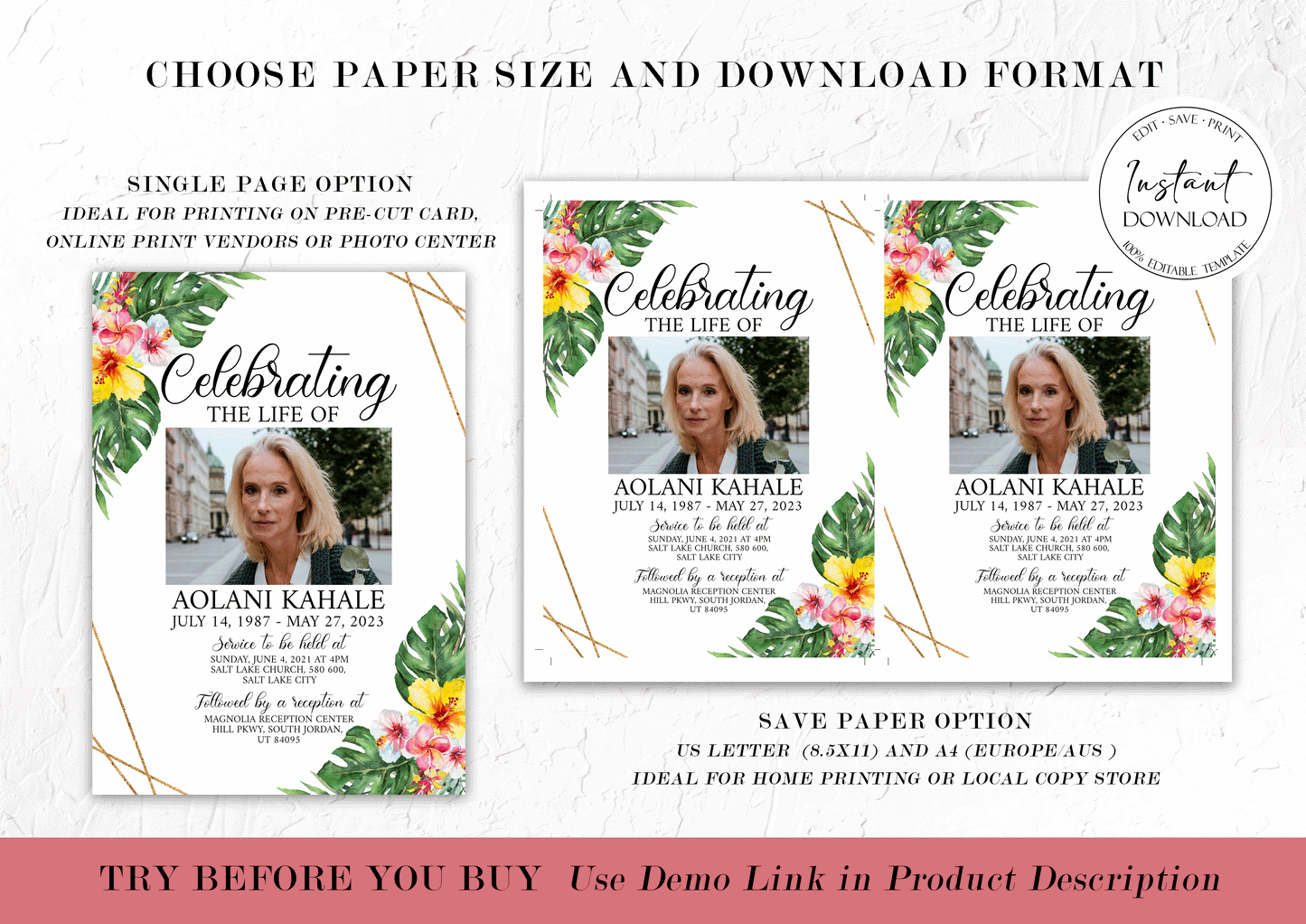 Celebration of life Tropical Hawaiian Plumeria Funeral Invitation Template H1