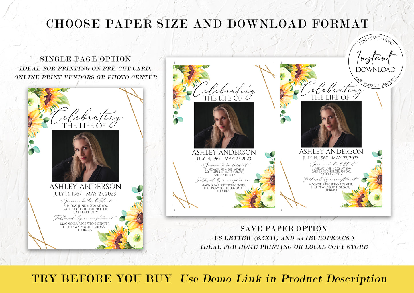 Celebration of life Sunflower Funeral Invitation Template, Sunflower Funeral Announcement, Sunflower Funeral Card, Sunflower Memorial Service Invite