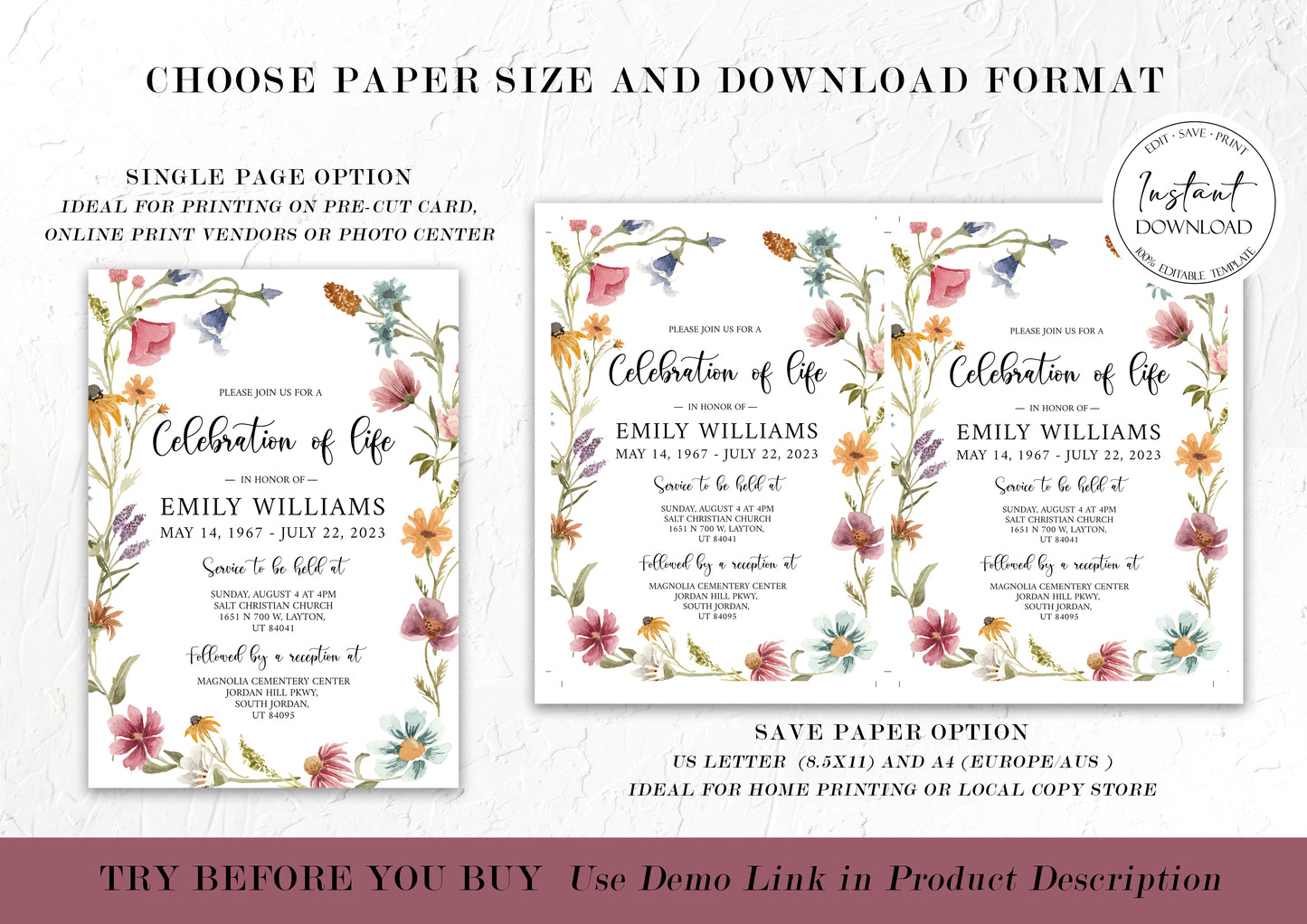 Celebration of life Red Greenery Wildflower Meadow Funeral Invitation Template, Wildflower Funeral Announcement, Printable Wildflower Memorial Invite