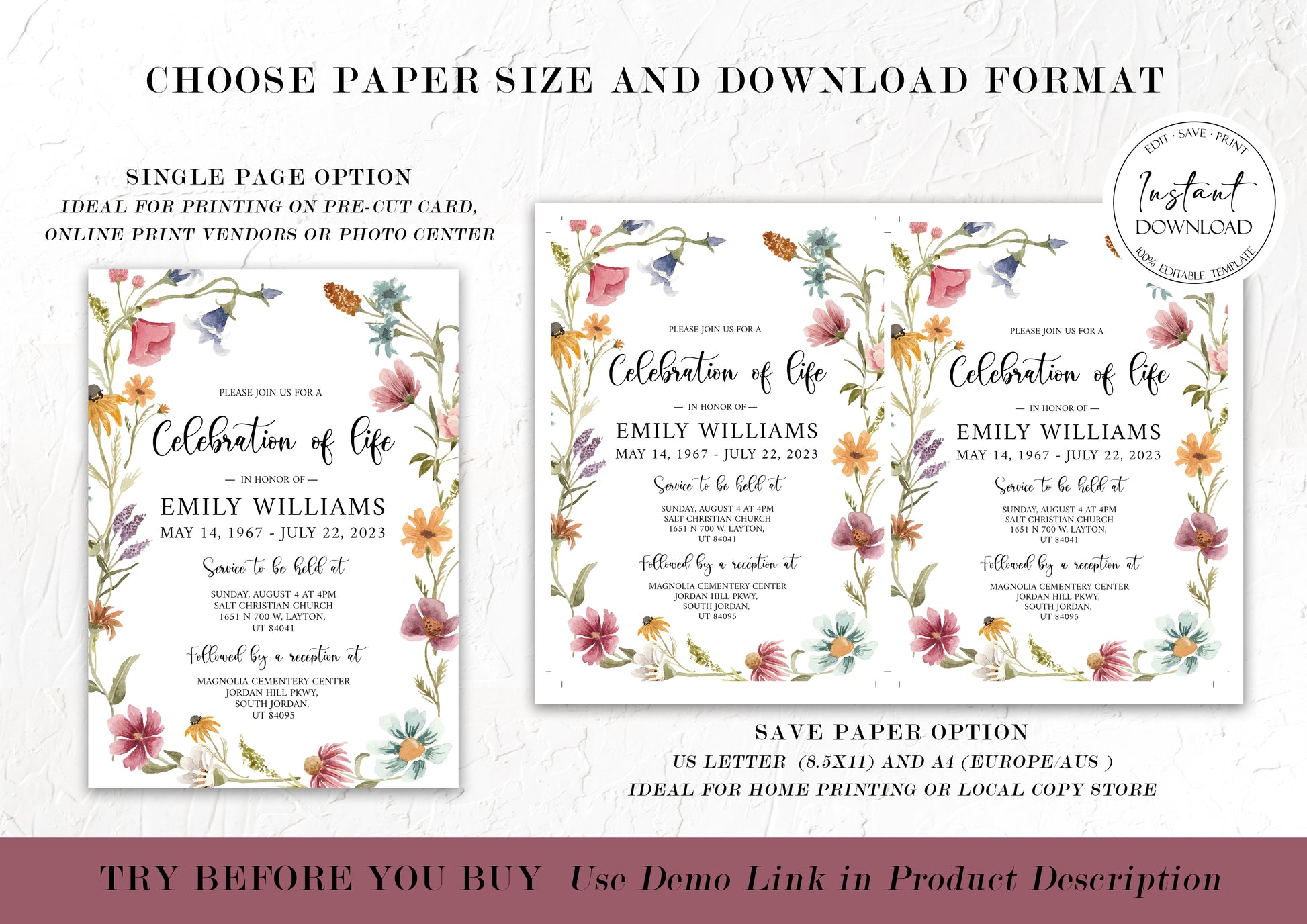 Celebration of life Red Greenery Wildflower Meadow Funeral Invitation Template, Wildflower Funeral Announcement, Printable Wildflower Memorial Invite