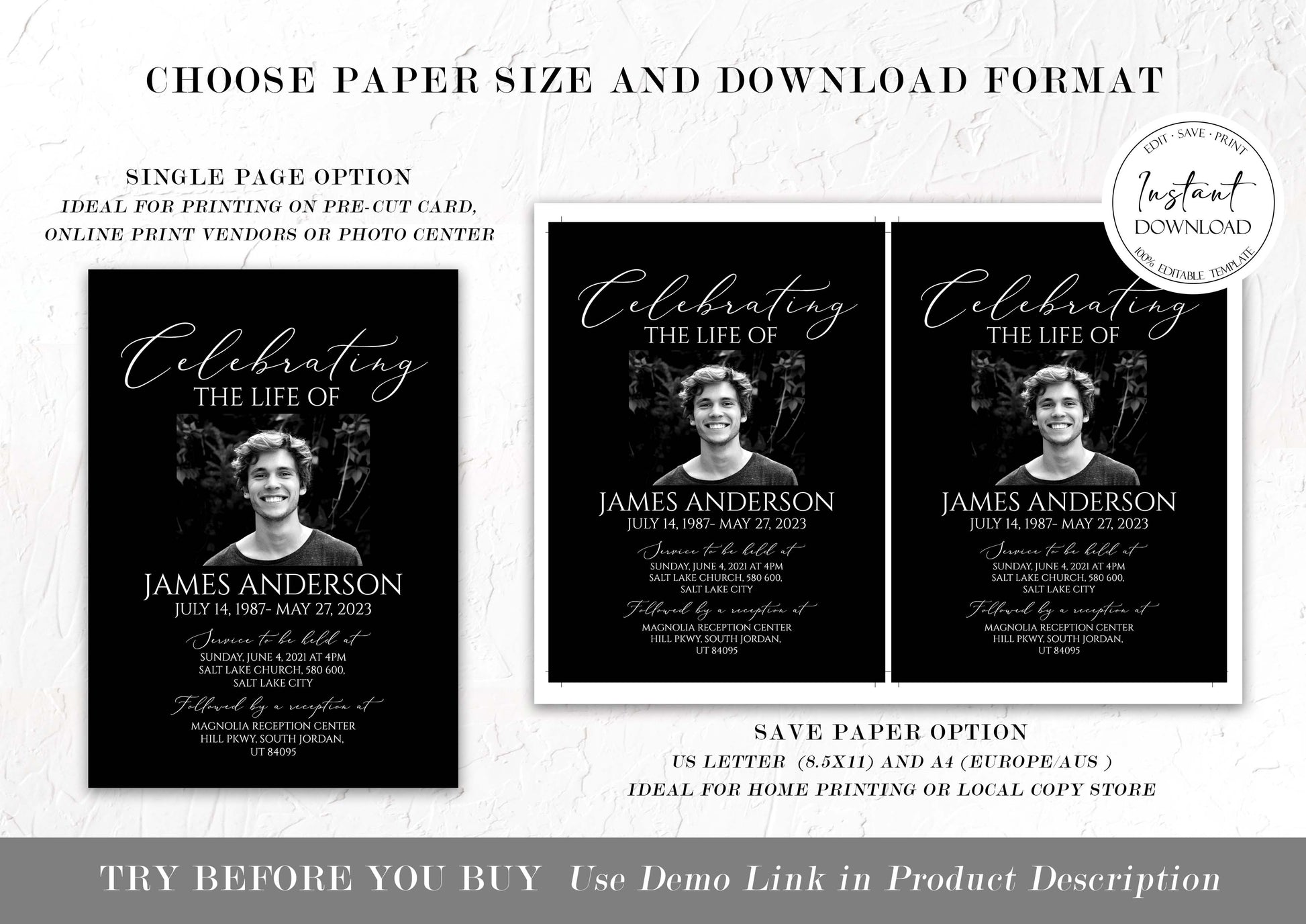 Editable Celebration Of Life Minimalist Elegant Black Funeral Bundle Set, In Loving Memory Suite, Funeral Templates Bundle, Black Simple Elegant Funeral