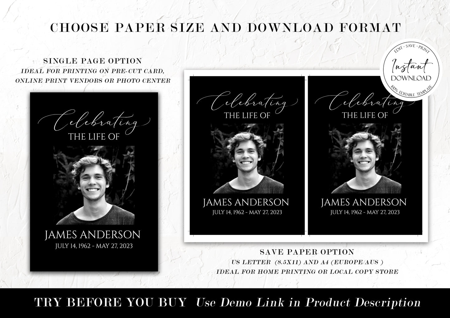 Celebration of Life 8 Page Minimalist Elegant Black Funeral Program Template, Minimalist Black Funeral Memorial Program, Obituary Program Template B3