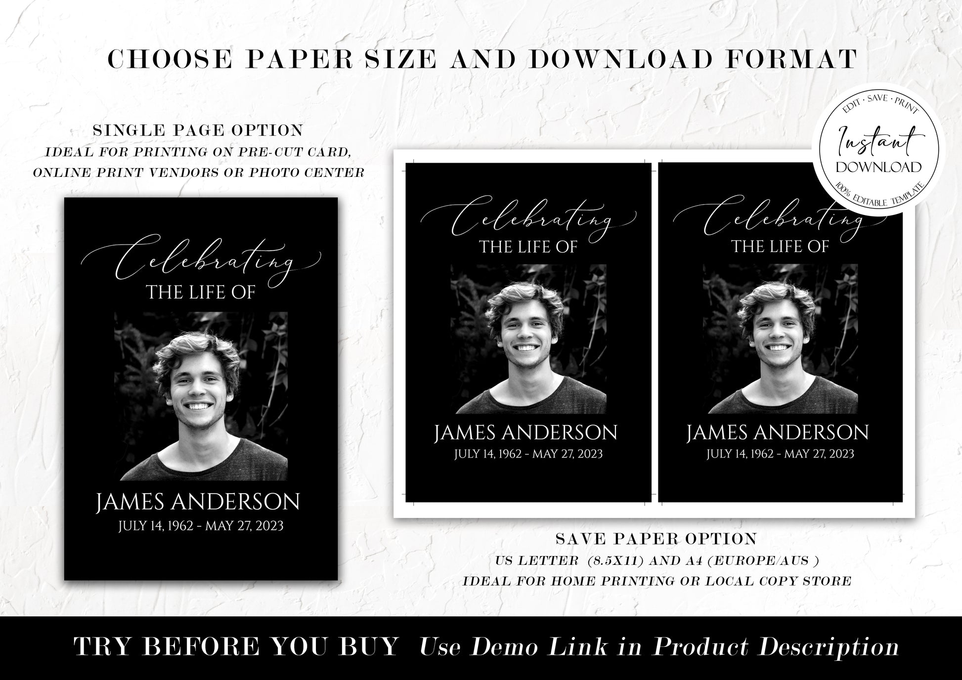 Celebration of Life Minimalist Elegant Black Funeral Program Template, Black Funeral Memorial Program, Black Funeral Program Template for man B7