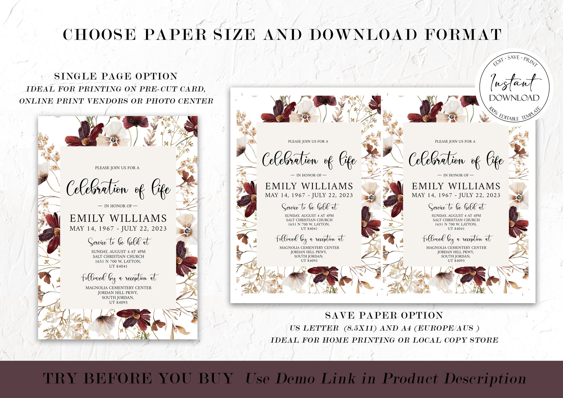 Celebration of life Wildflower Red Dried Flowers Funeral Invitation Template, Wildflower Funeral Announcement, Wildflower Memorial Service Invite Meadow Funeral Invitation