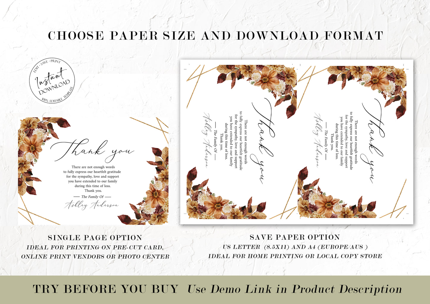 Celebration of life Orange Brown Dried Leaves Fall Funeral Thank You Card Template, Printable Memorial Thank You Card, Autumn Memorial Sympathy Thank you Cards, F3