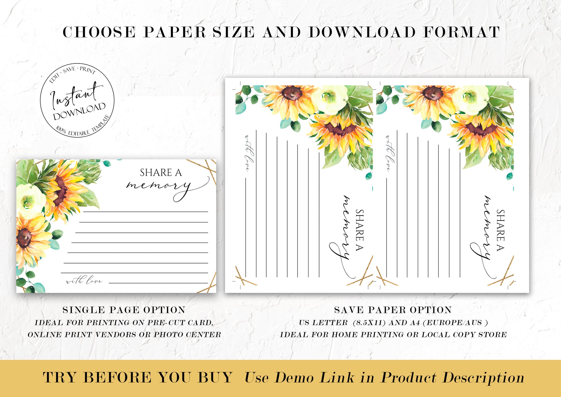 Celebration Of Life Sunflower Share a Memory Funeral Sign and Share a Memory Card Template, Funeral Memory Card, Sunflower Funeral Card Template