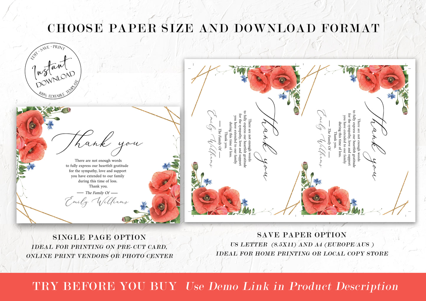 Celebration of life Red Poppies Greenery Funeral Thank You Card Template, Celebration of life Printable Red Poppies Funeral Thank You Cards Red Poppies Sympathy Card