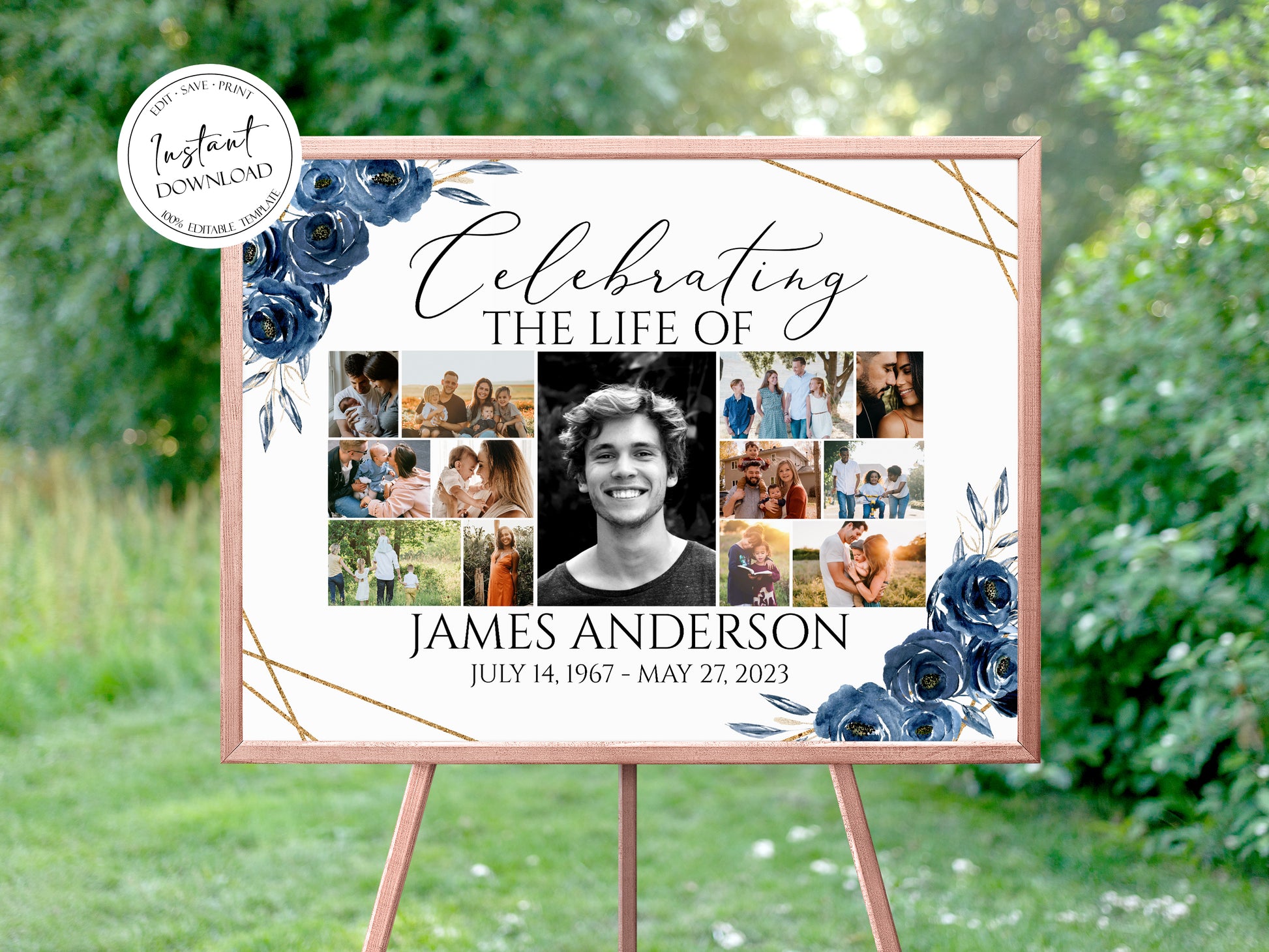 Celebration Of Life Royal Blue Flowers Gold Photo Collage Funeral Welcome Sign Template, Editable Royal Blue Photo Collage Funeral Poster, Collage Memorial Service Sign