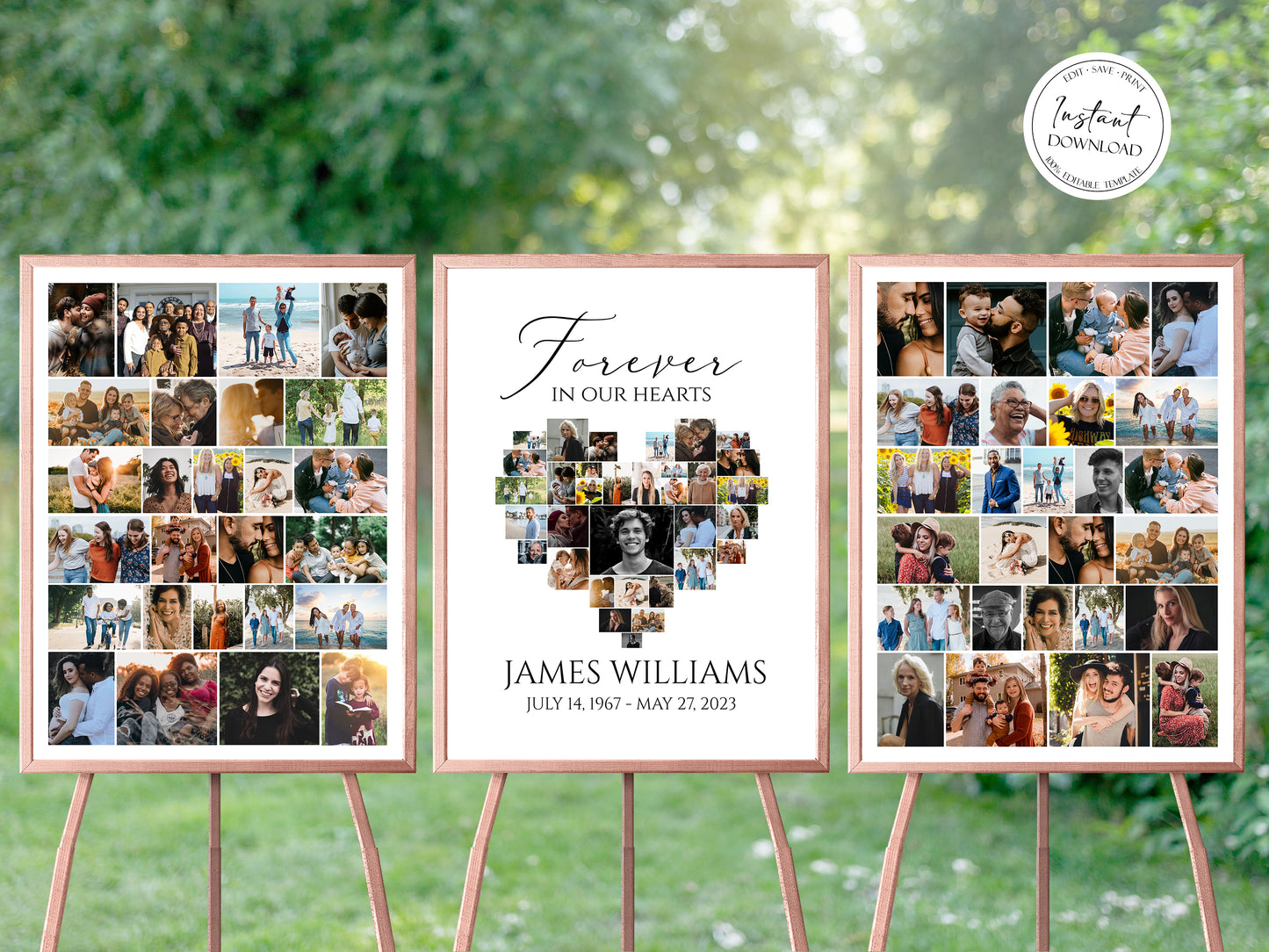 Celebration Of Life Funeral Poster, Editable Heart Photo Collage Funeral Sign, Forever in our Hearts Simple Memorial Photo Display Set S1