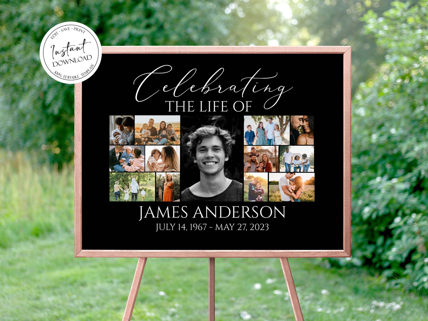 Celebration Of Life Minimalist Elegant Black Photo Collage Funeral Welcome Sign, Editable Minimalist Elegant Black Photo Collage Funeral Poster, Photo Collage Memorial Service Sign