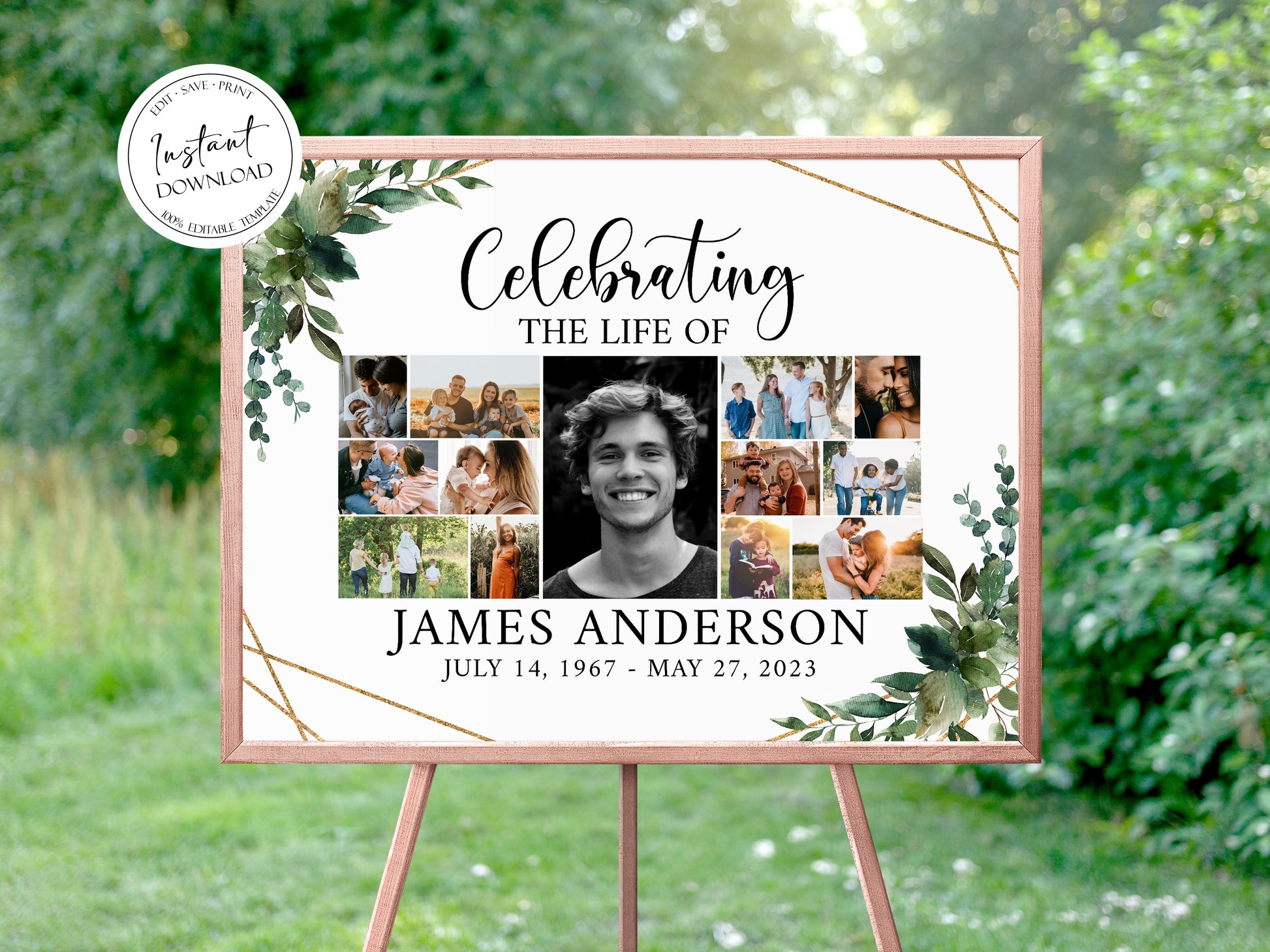 Celebration Of Life Watercolor Greenery Gold Photo Collage Funeral Welcome Sign Template, Greenery Photo Collage Funeral Poster, Photo Collage Memorial Sign Q1