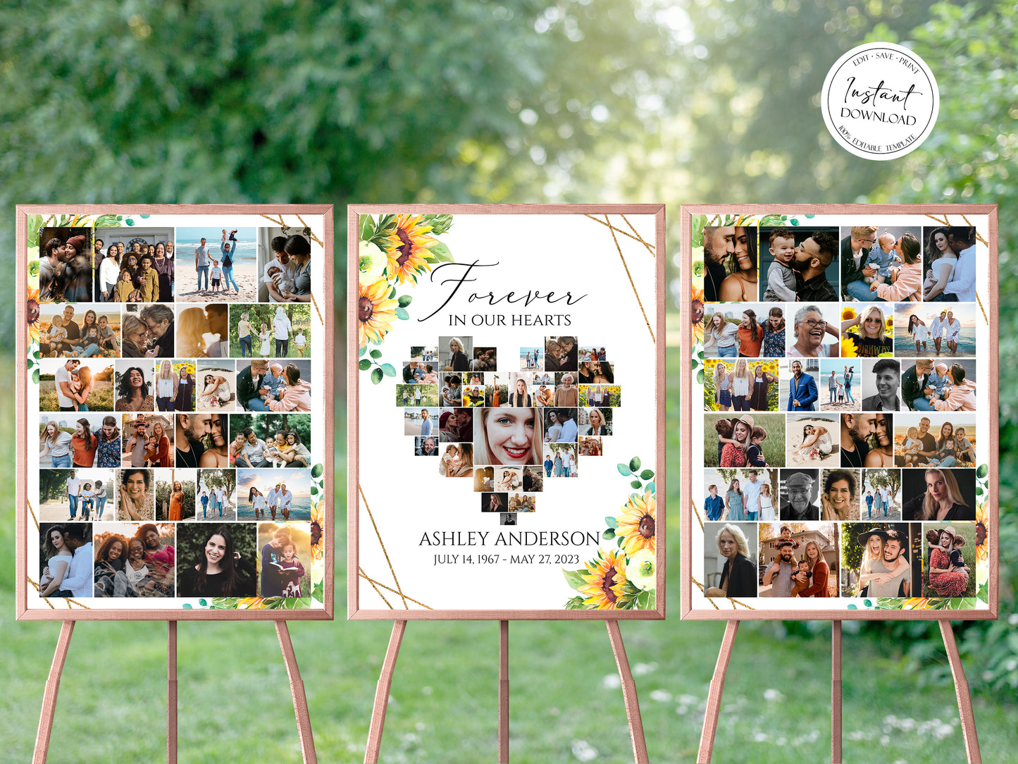 Forever in our Hearts Sunflower Heart Photo Collage Funeral Welcome Sign Template, Forever in our Hearts Sunflower Memorial Photo Display Set S1