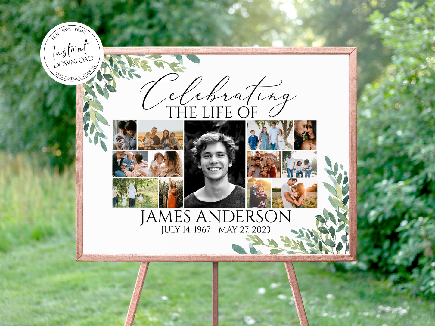 Celebration Of Life Multiple Photos Funeral Welcome Poster, Editable Celebration Of Life Watercolor Greenery Photo Collage Funeral Welcome Sign Template, Collage Memorial Service Sign G2