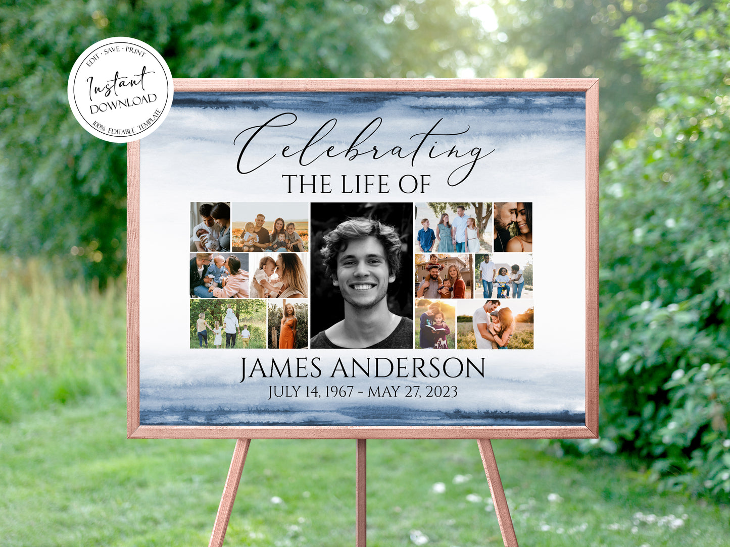 Celebration Of Life Multiple Photos Funeral Welcome Sign, Blue Watercolor Collage Funeral Poster, Ocean Photo Collage Memorial Service Sign B4