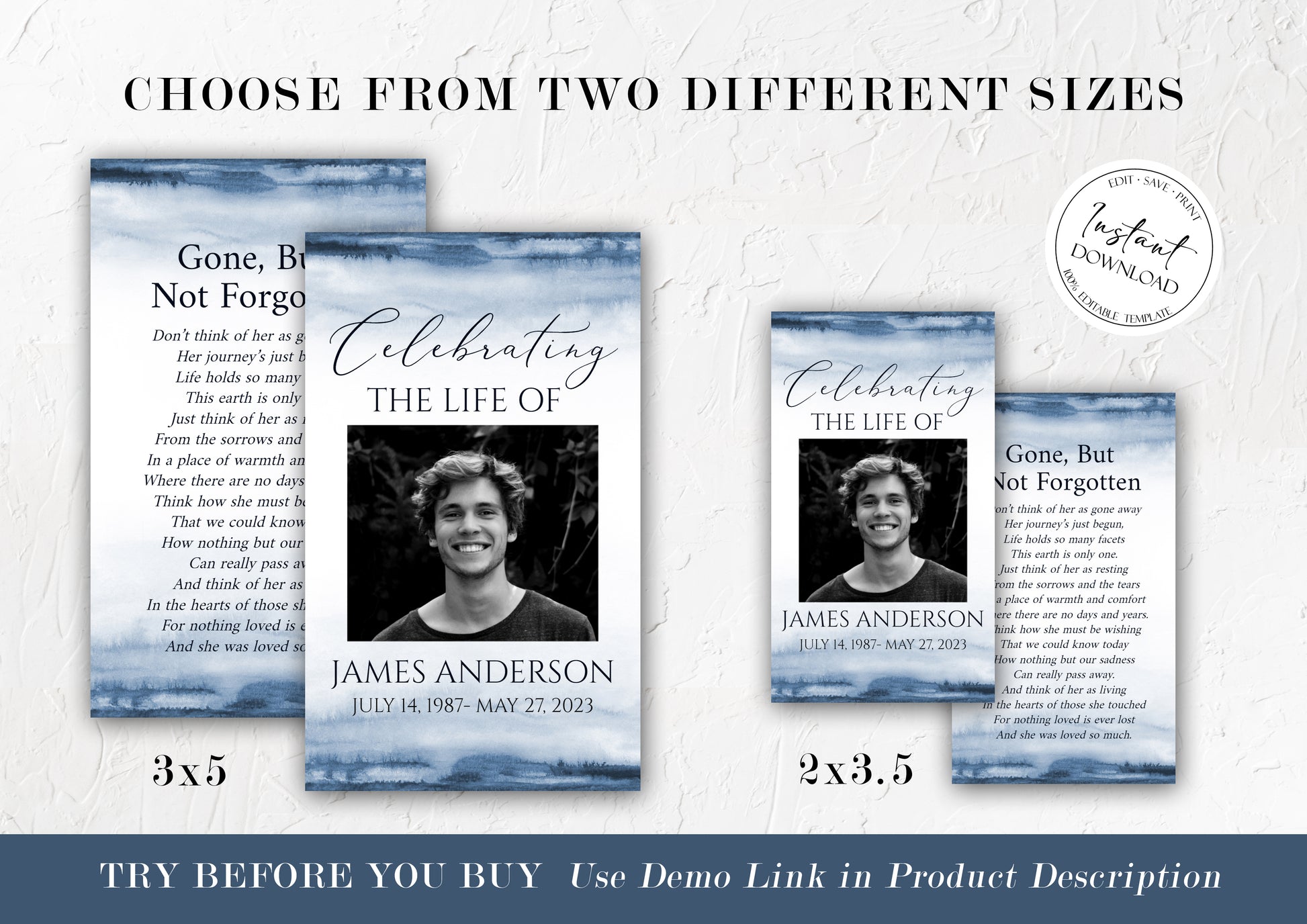 Editable Blue Watercolor Funeral Prayer Card, Printable Memorial Photo Prayer Card, Baby Boy Prayer Card Celebration of life Prayer Cards B4