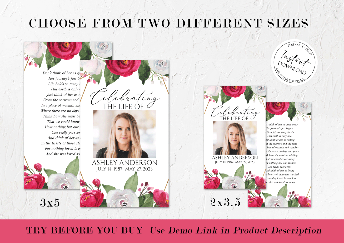 Celebration of life White Pink Roses Funeral Prayer Cards Template, Memorial Prayer Card Template, Funeral Prayer Card, Pink Roses Catholic Mass Cards, Obituary Card P2