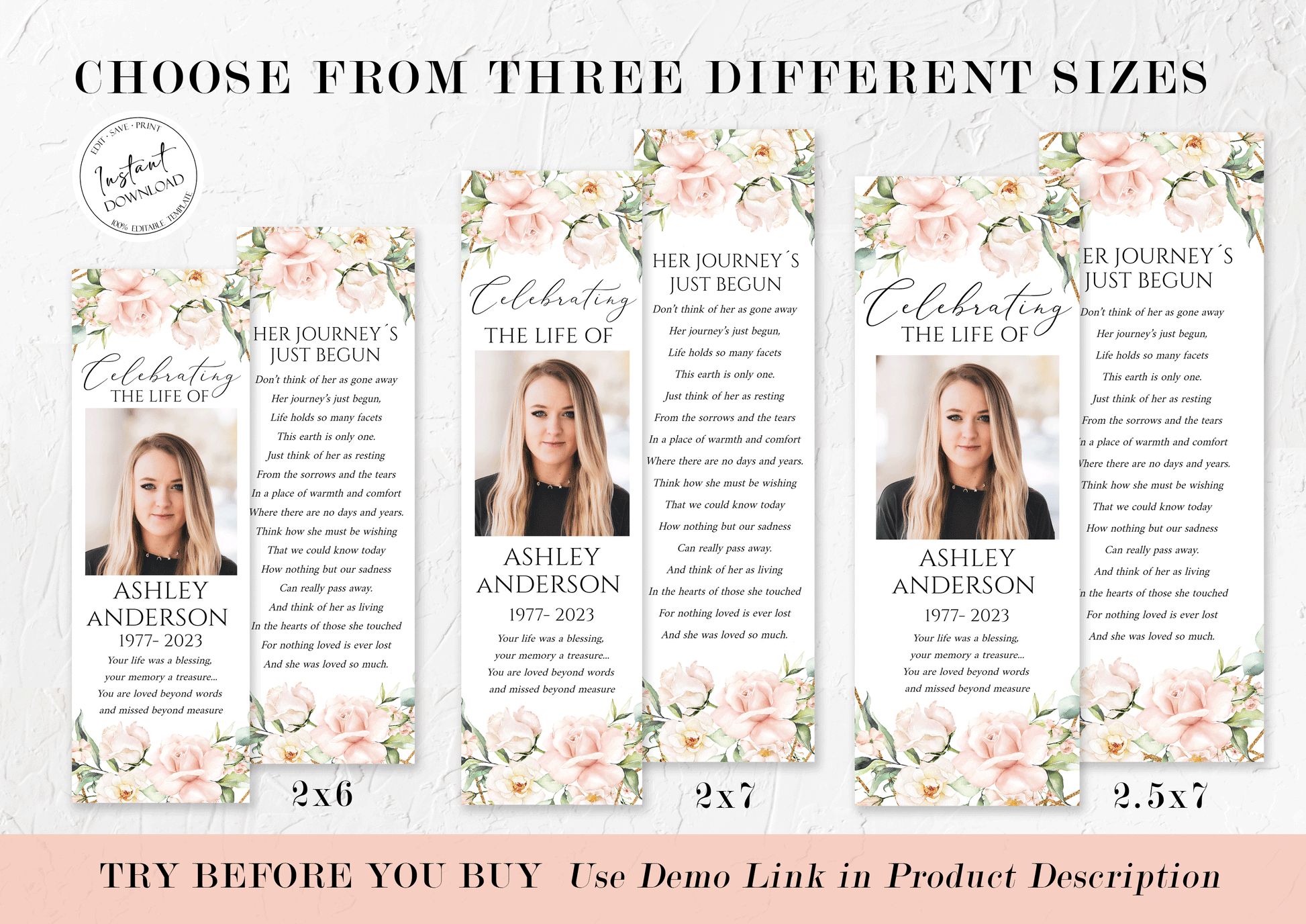 Pink Roses Funeral Bookmark Template, Blush Funeral Bookmark, Funeral Keepsake Cards, Memorial Bookmark, Obituary Bookmark Keepsake Cards P4