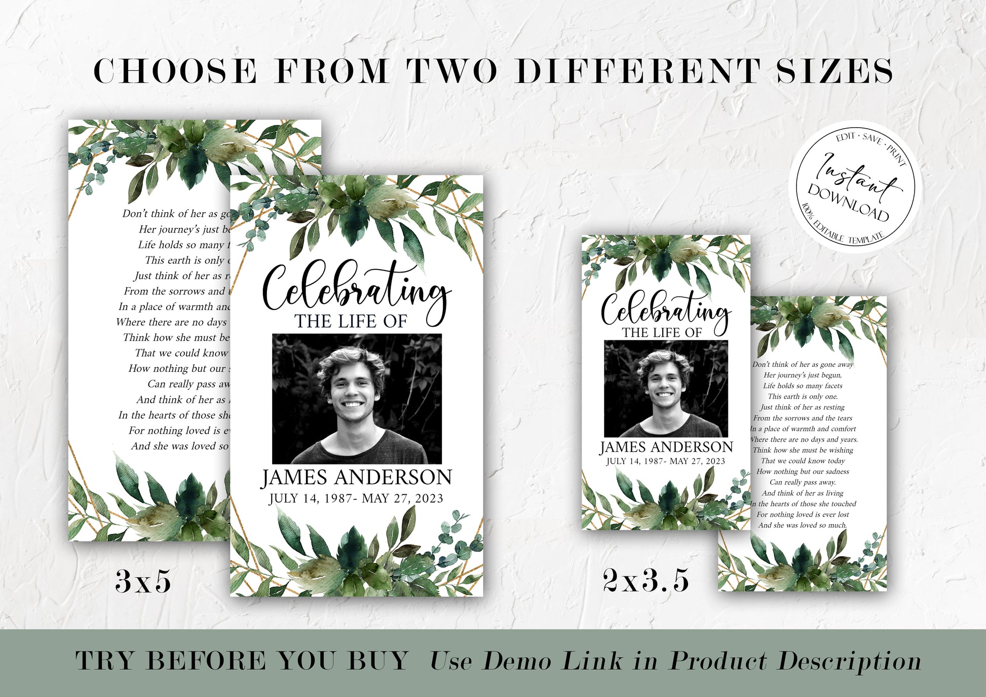 Celebration Of Life Watercolor Greenery Gold Funeral Prayer Card Template, Printable Greenery Memorial Prayer Card Template, Greenery Funeral Prayer Card Green Catholic Prayer Cards Q1