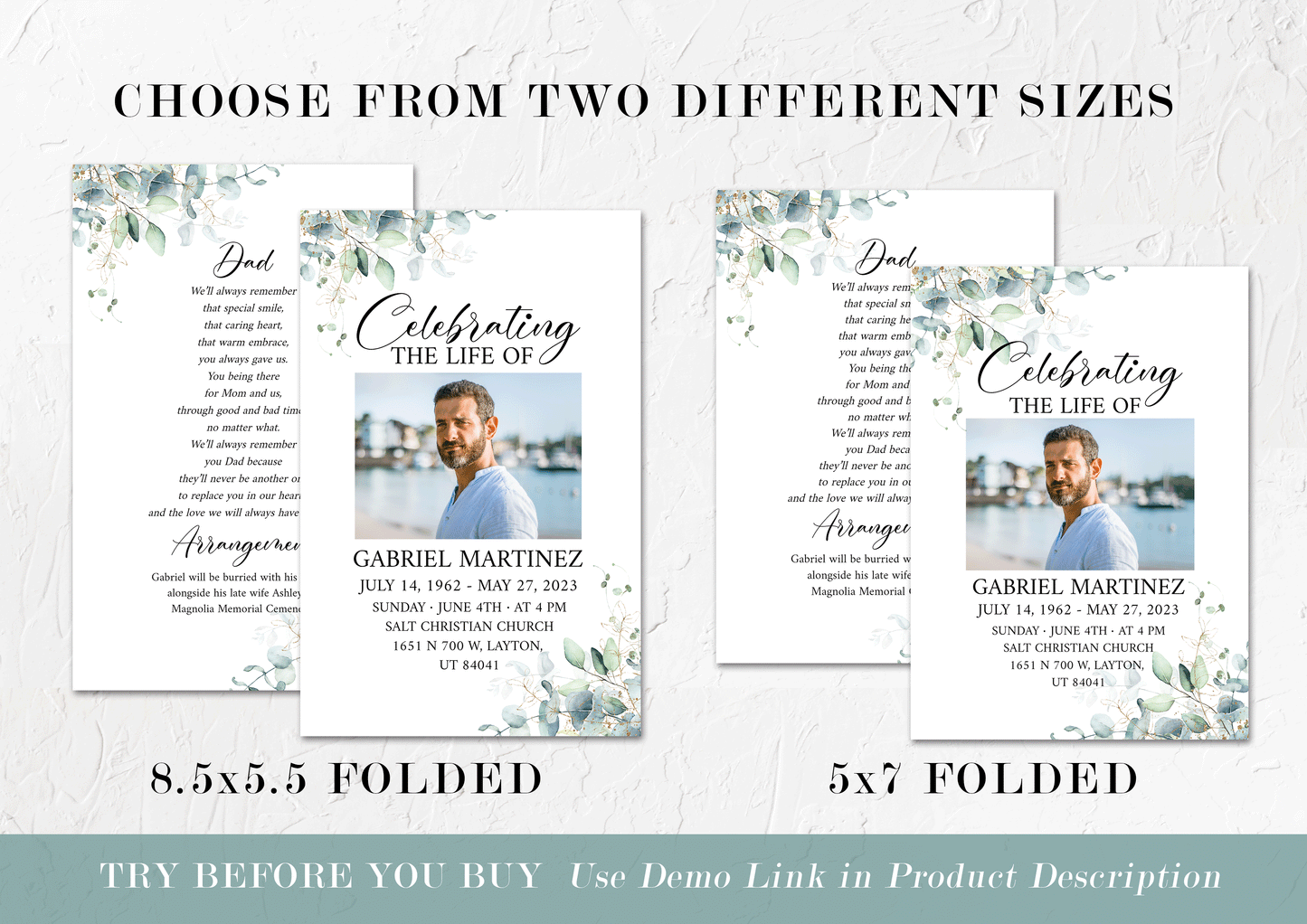 Celebration of Life Watercolor Greenery Gold Funeral Program Template. Funeral Brochure, Editable Greenery Memorial Program, Greenery Obituary Program G1