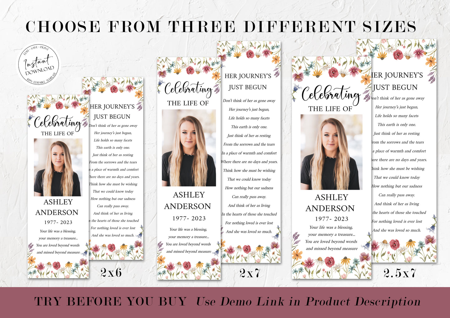 Celebration of Life Red Greenery Wildflower Meadow Funeral Bookmark Template, Wildflower Funeral Bookmark, Funeral Keepsake Cards, Wildflower Memorial Bookmark