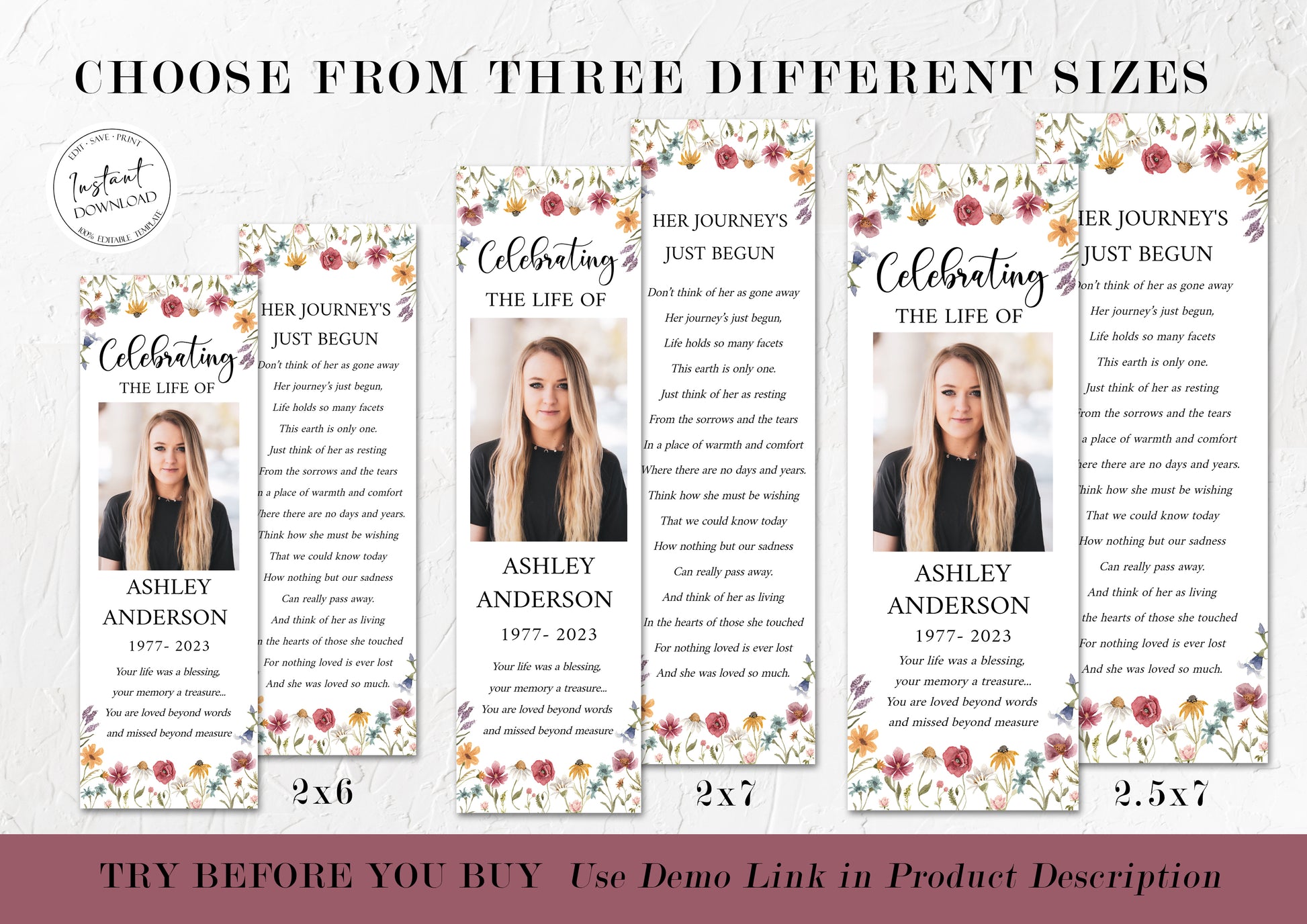 Celebration of Life Red Greenery Wildflower Meadow Funeral Bookmark Template, Wildflower Funeral Bookmark, Funeral Keepsake Cards, Wildflower Memorial Bookmark