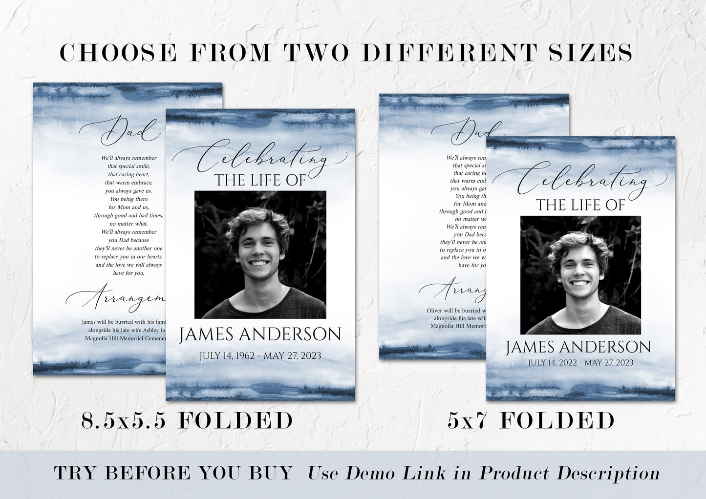 Celebration of Life Blue Watercolor Funeral Program Template B4