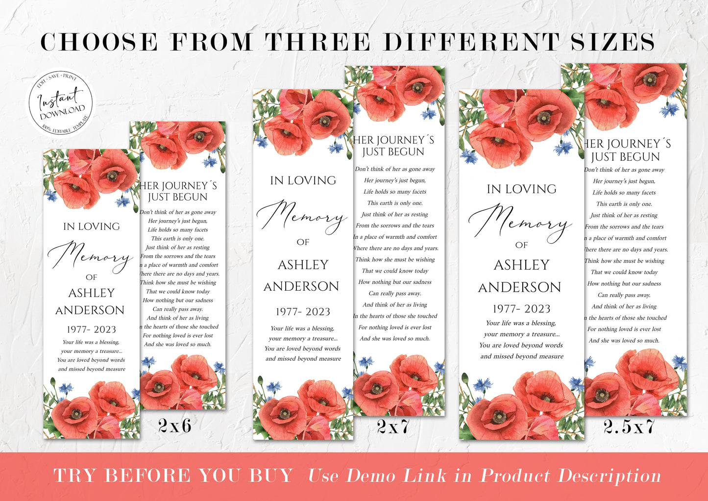 Celebration of Life Red Poppies Greenery Funeral Bookmark Template, Red Poppies Funeral Bookmark, Funeral Keepsake Cards, Memorial Bookmark, Red Poppies Funeral Favors