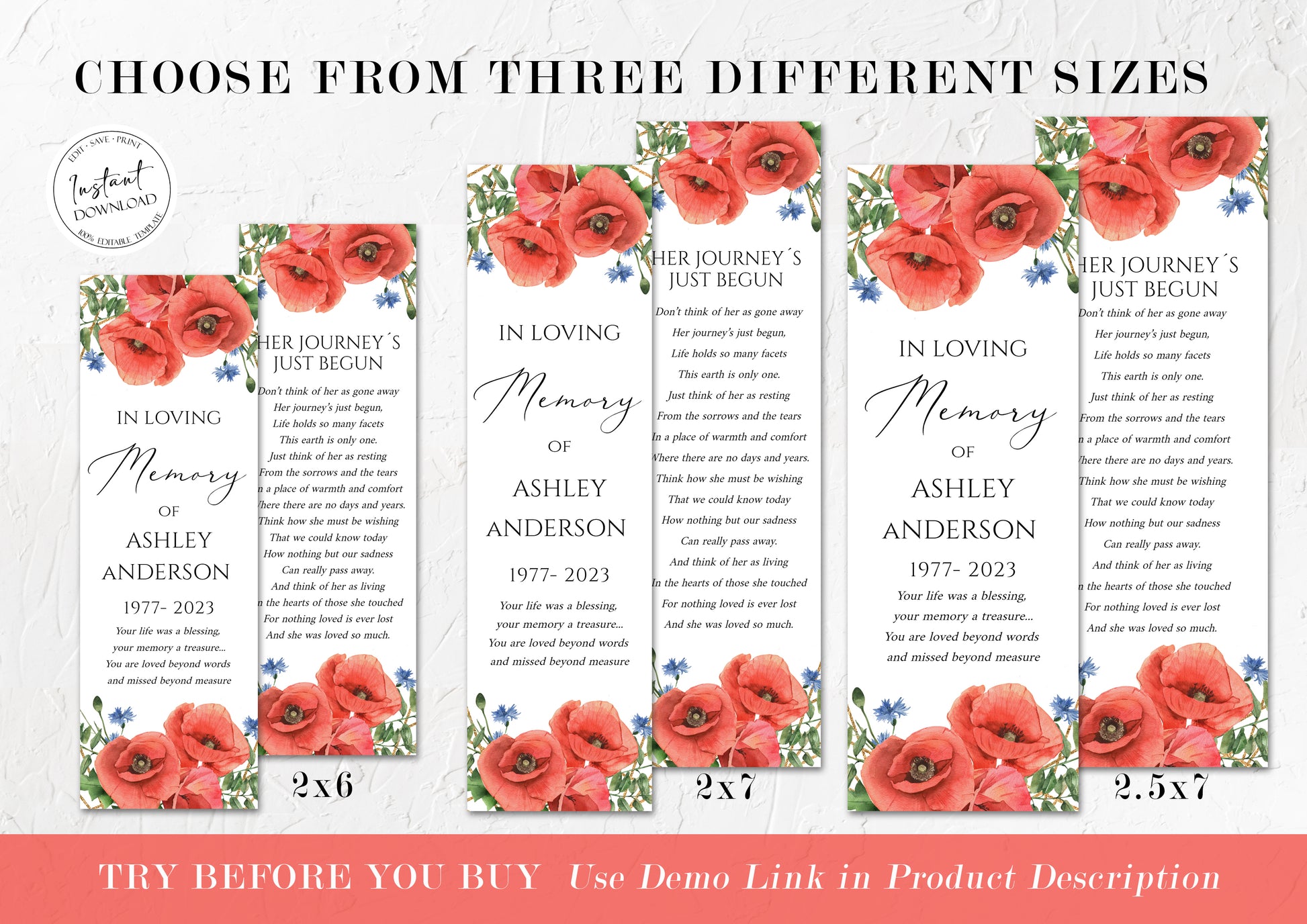 Celebration of Life Red Poppies Greenery Funeral Bookmark Template, Red Poppies Funeral Bookmark, Funeral Keepsake Cards, Memorial Bookmark, Red Poppies Funeral Favors