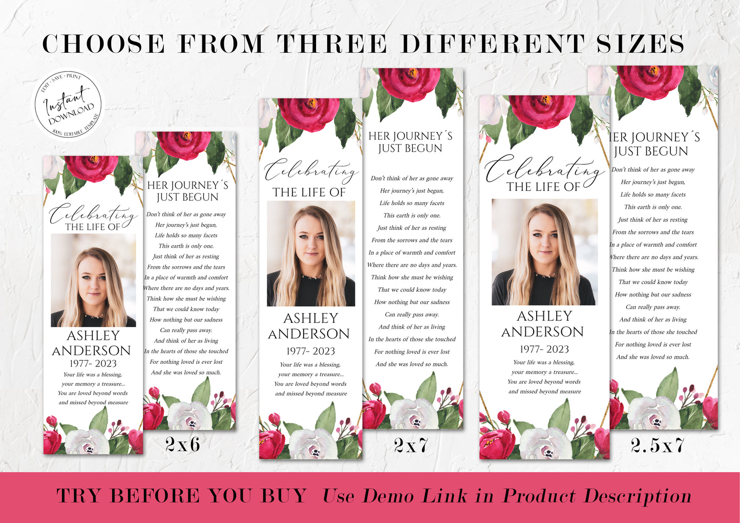 Celebration of Life White Pink Roses Funeral Bookmark Template, Celebration of Life Bookmark, Funeral Keepsake Cards, Pink Roses Memorial Bookmark, Obituary Bookmark P2