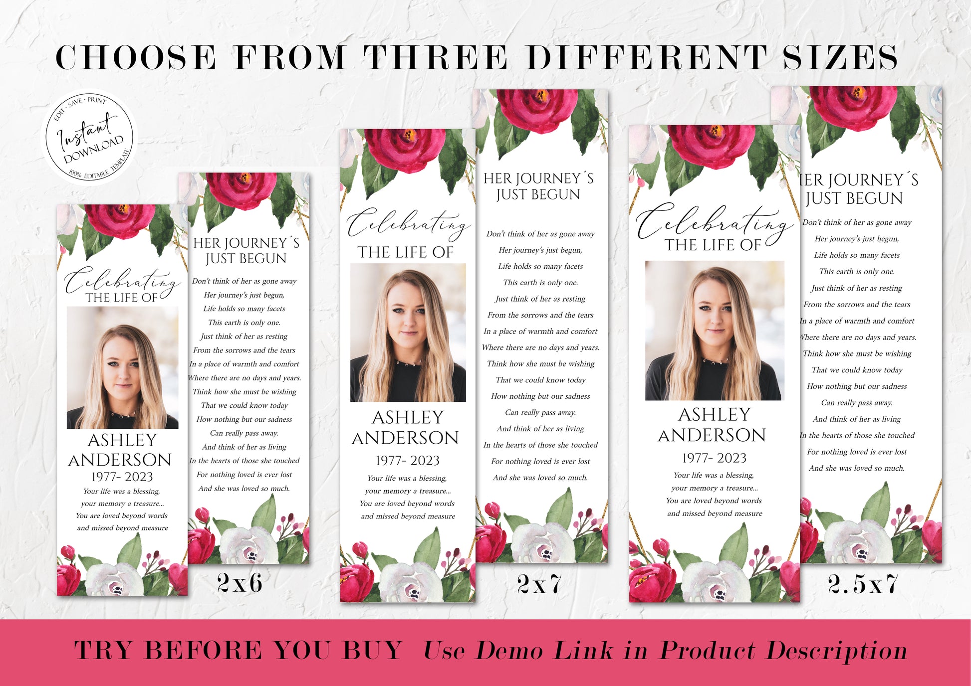 Celebration of Life White Pink Roses Funeral Bookmark Template, Celebration of Life Bookmark, Funeral Keepsake Cards, Pink Roses Memorial Bookmark, Obituary Bookmark P2