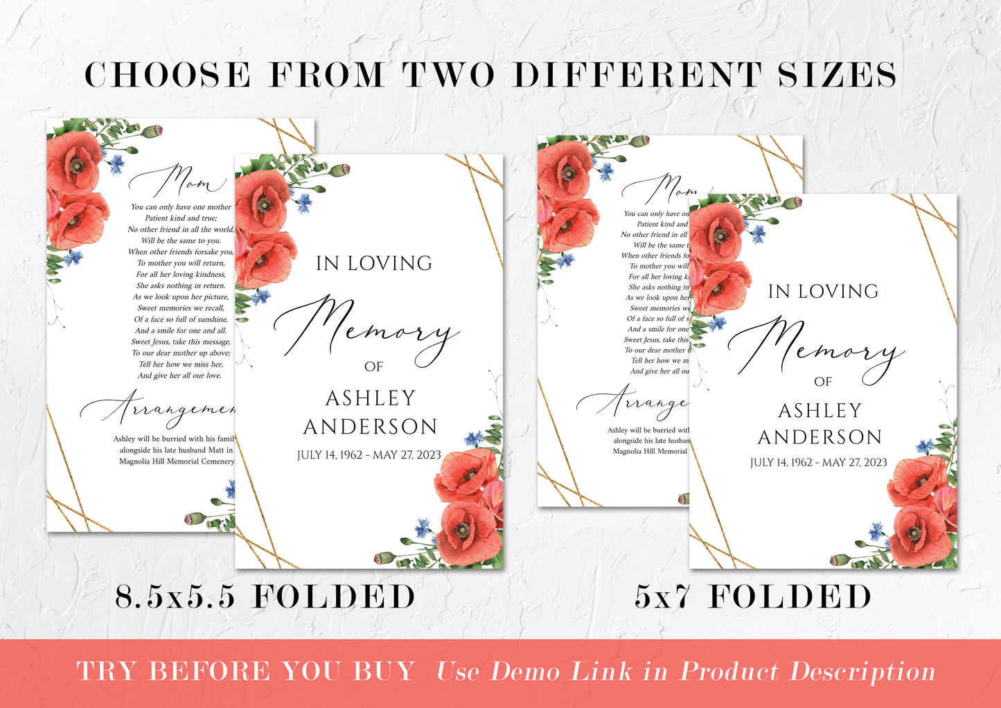 In Loving Memory of Red Poppies Greenery Funeral Program Template, Red Poppies Funeral Program Template,  Red Poppies Memorial Program, Obituary Program
