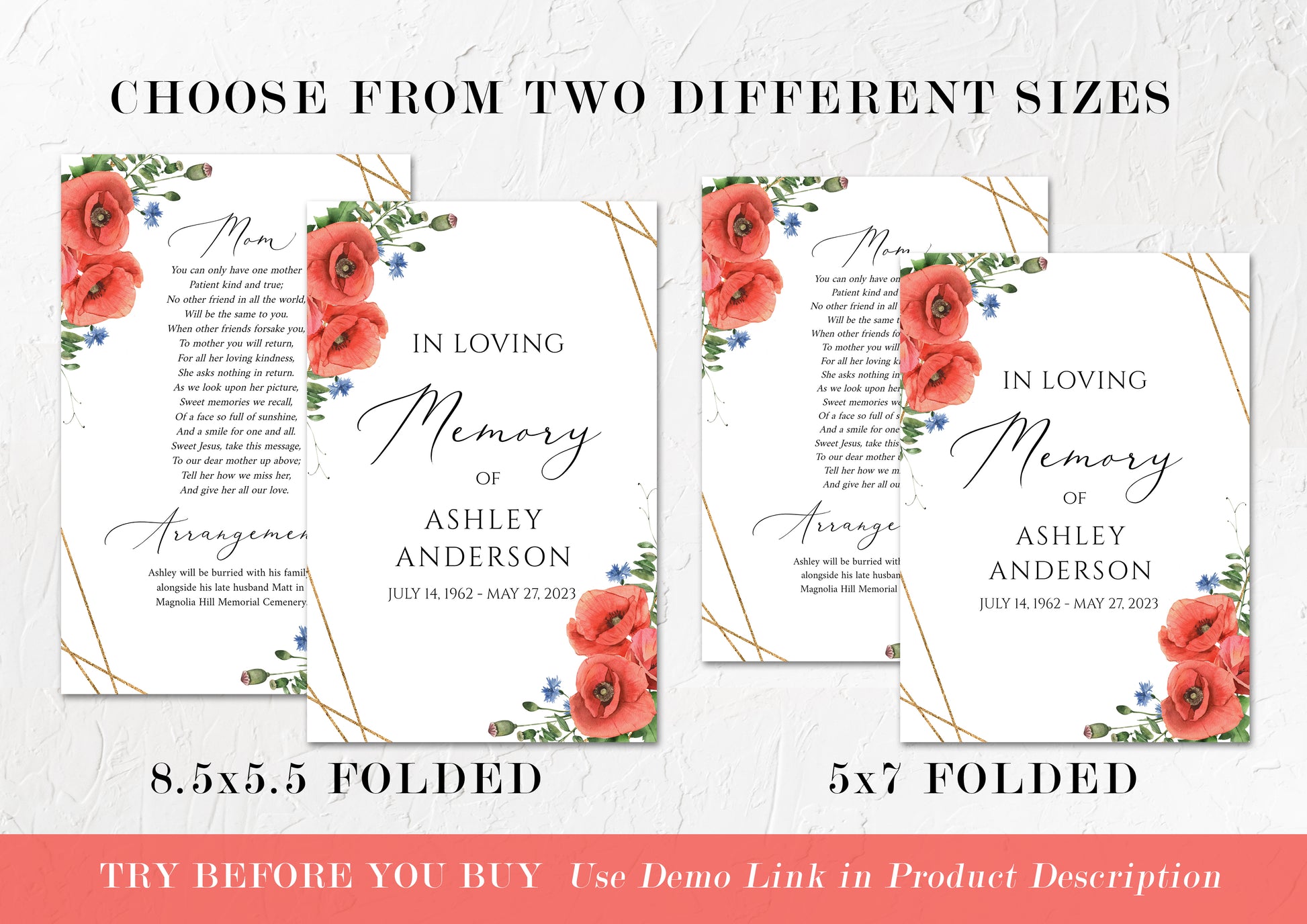 In Loving Memory of Red Poppies Greenery Funeral Program Template, Red Poppies Funeral Program Template,  Red Poppies Memorial Program, Obituary Program