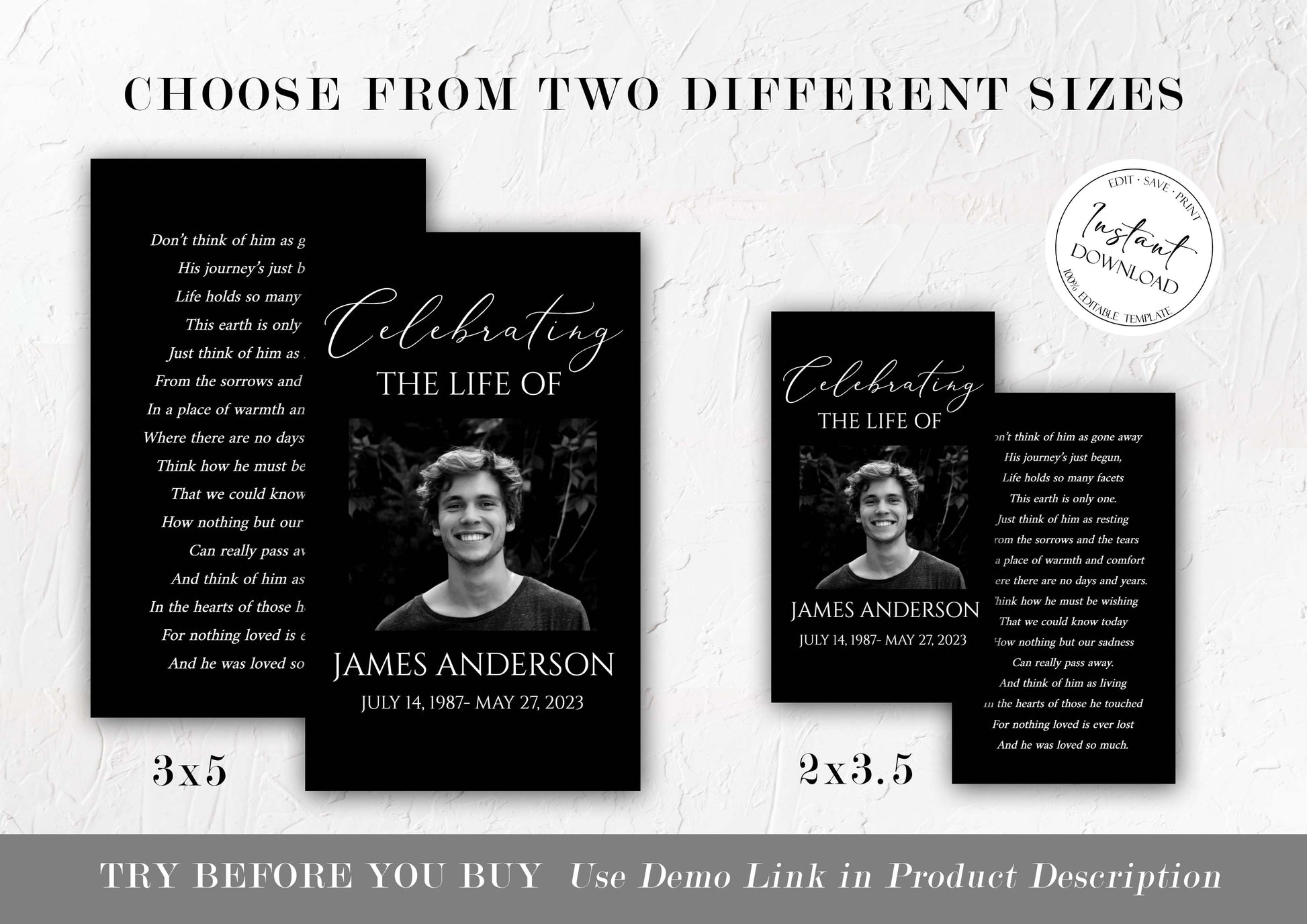 Celebration of Life Minimalist Elegant Black Funeral Prayer Card Template, Printable Memorial Prayer Card, Catholic Mass Card, Black Obituary Card B7