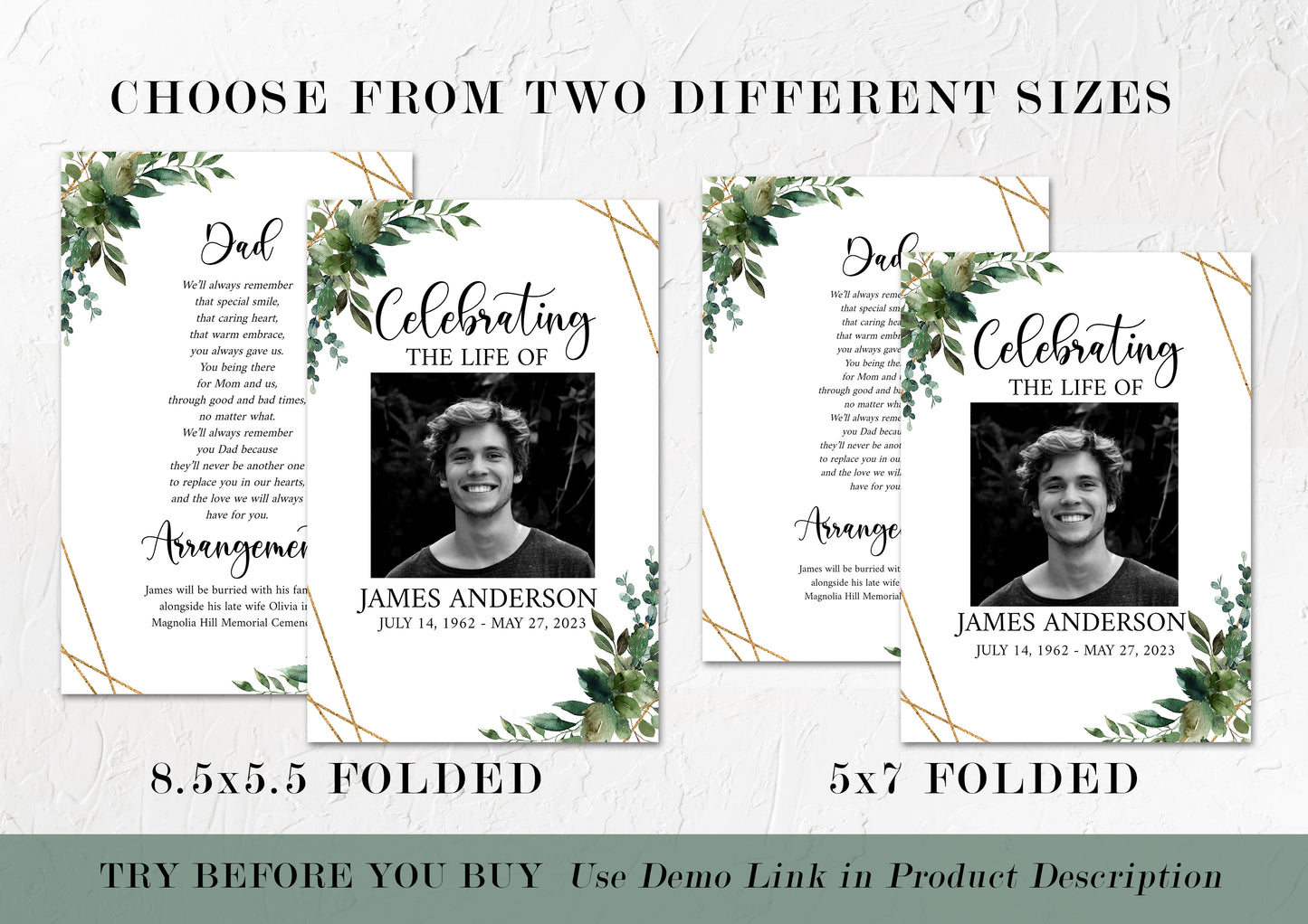 Celebration of Life 8 Page Watercolor Greenery Gold Funeral Program Template Funeral Brochure, Editable Greenery Memorial Program Green Obituary Program H1