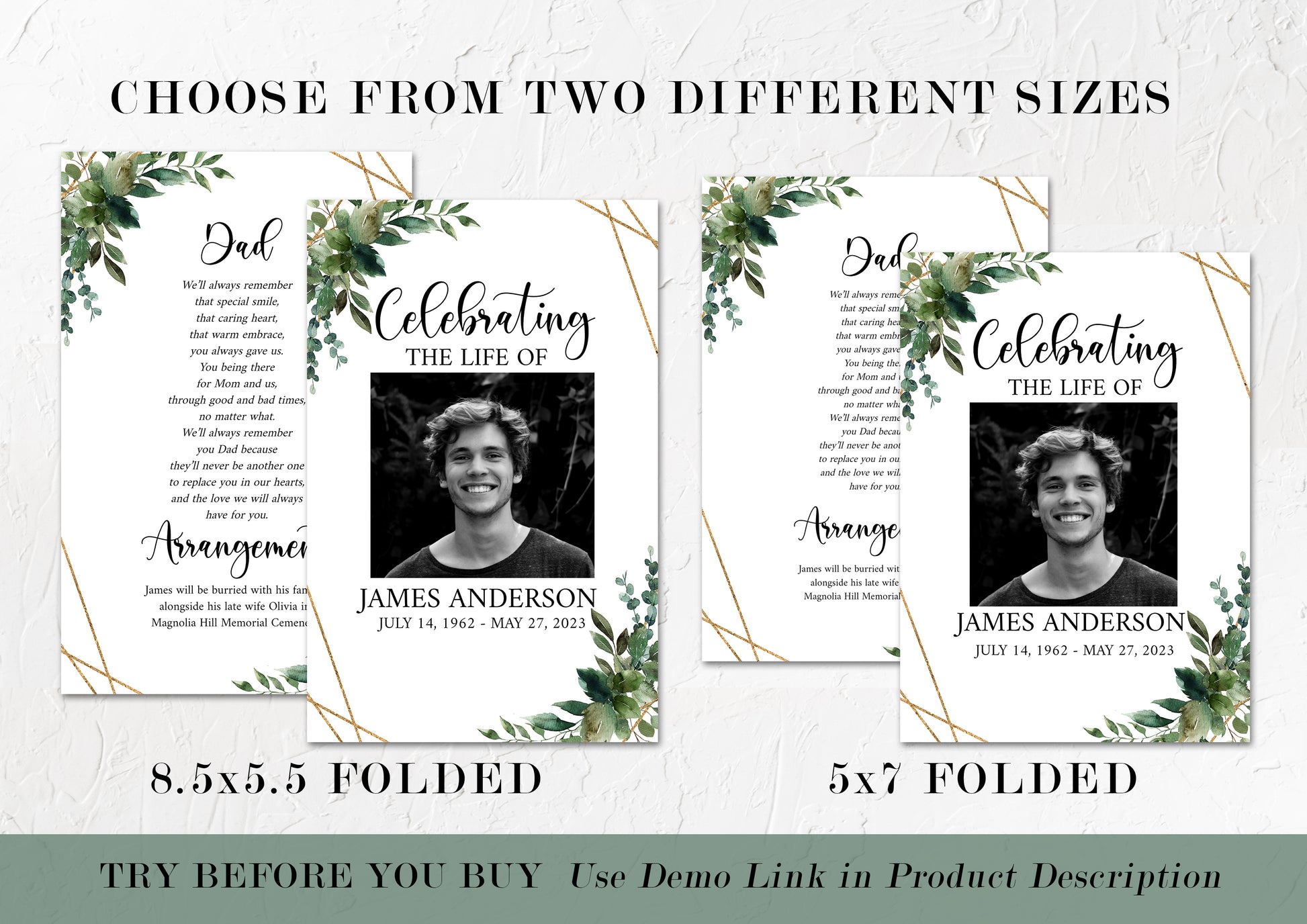 Celebration of Life 8 Page Watercolor Greenery Gold Funeral Program Template Funeral Brochure, Editable Greenery Memorial Program Green Obituary Program H1