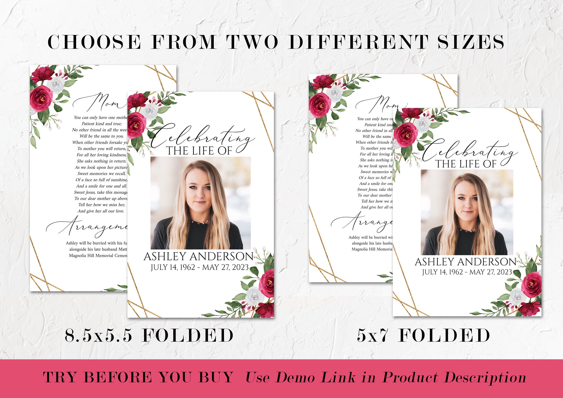 Celebration of life White Pink Roses Funeral Program Template, White Pink Roses Funeral Program, Memorial Program, Obituary Program, Funeral Mass Program P2