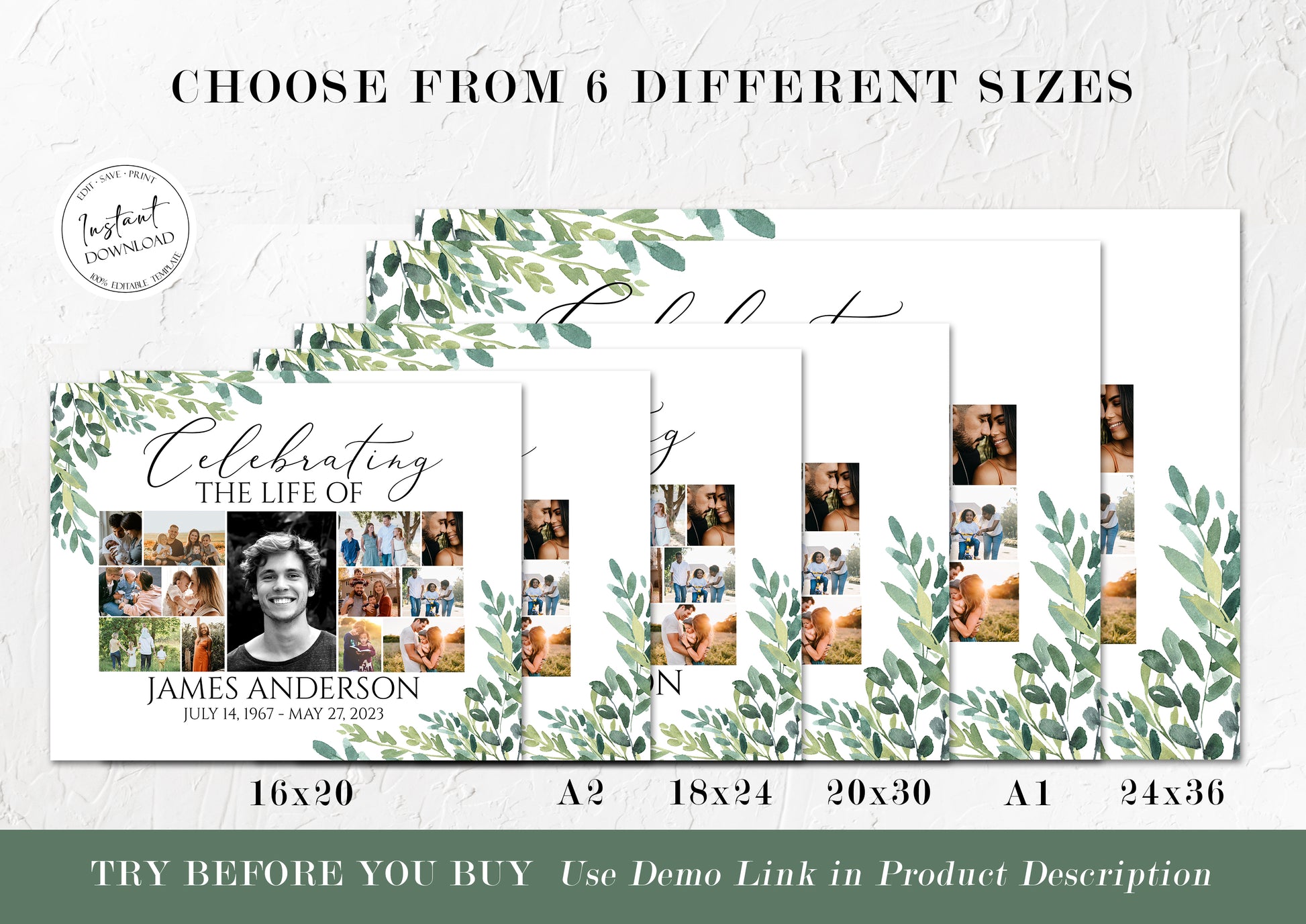 Celebration Of Life Multiple Photos Funeral Welcome Poster, Editable Celebration Of Life Watercolor Greenery Photo Collage Funeral Welcome Sign Template, Collage Memorial Service Sign G2