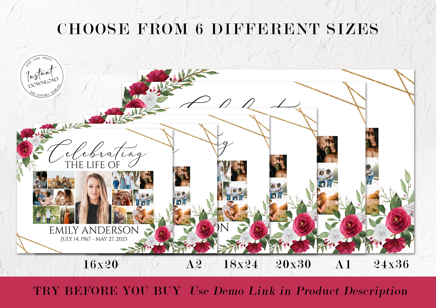 Celebration Of Life White Pink Roses Photo Collage Funeral Welcome Sign Template P2