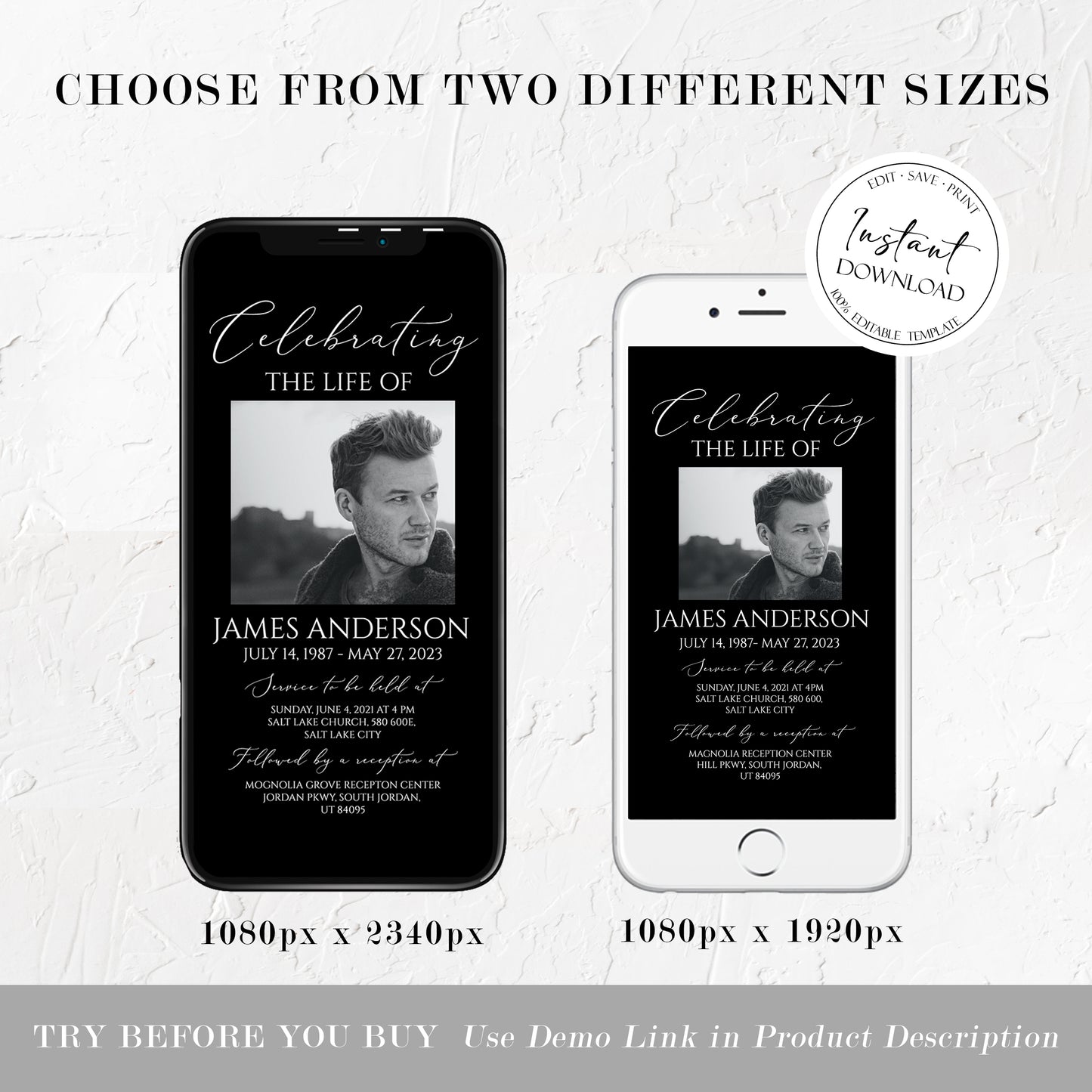 Celebration of life Minimalist Elegant Black Digital Funeral Invitation, Electronic Funeral Invite, Memorial Evite, Digital Memorial Invitation B7