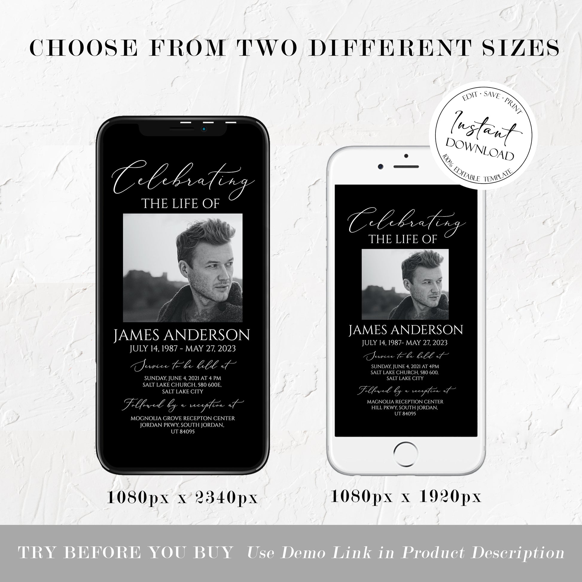 Celebration of life Minimalist Elegant Black Digital Funeral Invitation, Electronic Funeral Invite, Memorial Evite, Digital Memorial Invitation B7